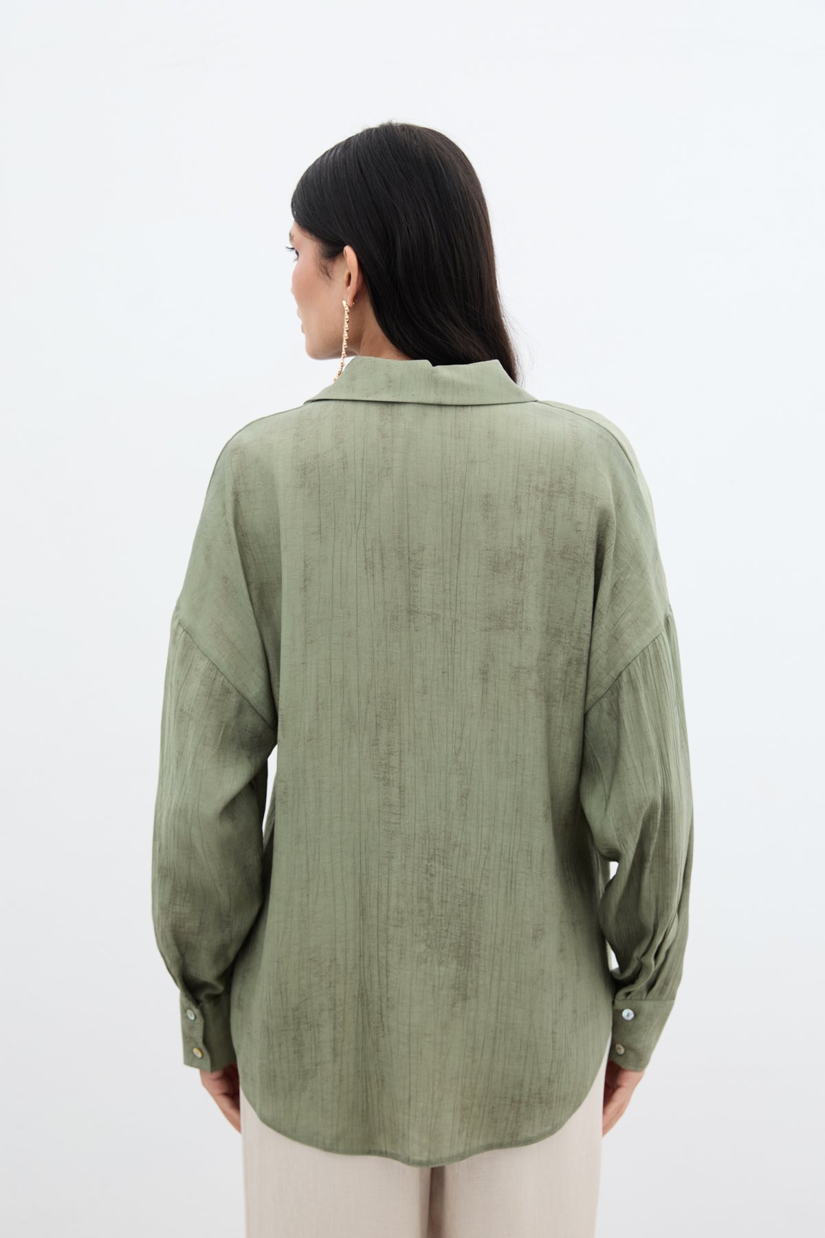 Desenli İnce Salaş Gömlek - Haki