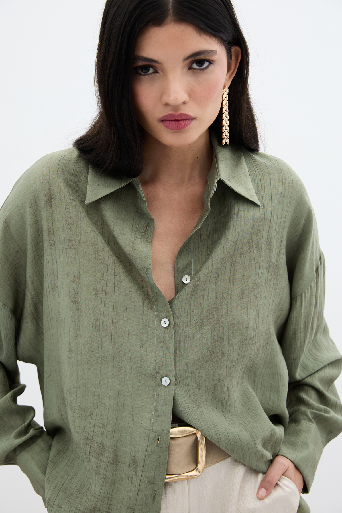 Desenli İnce Salaş Gömlek - Haki