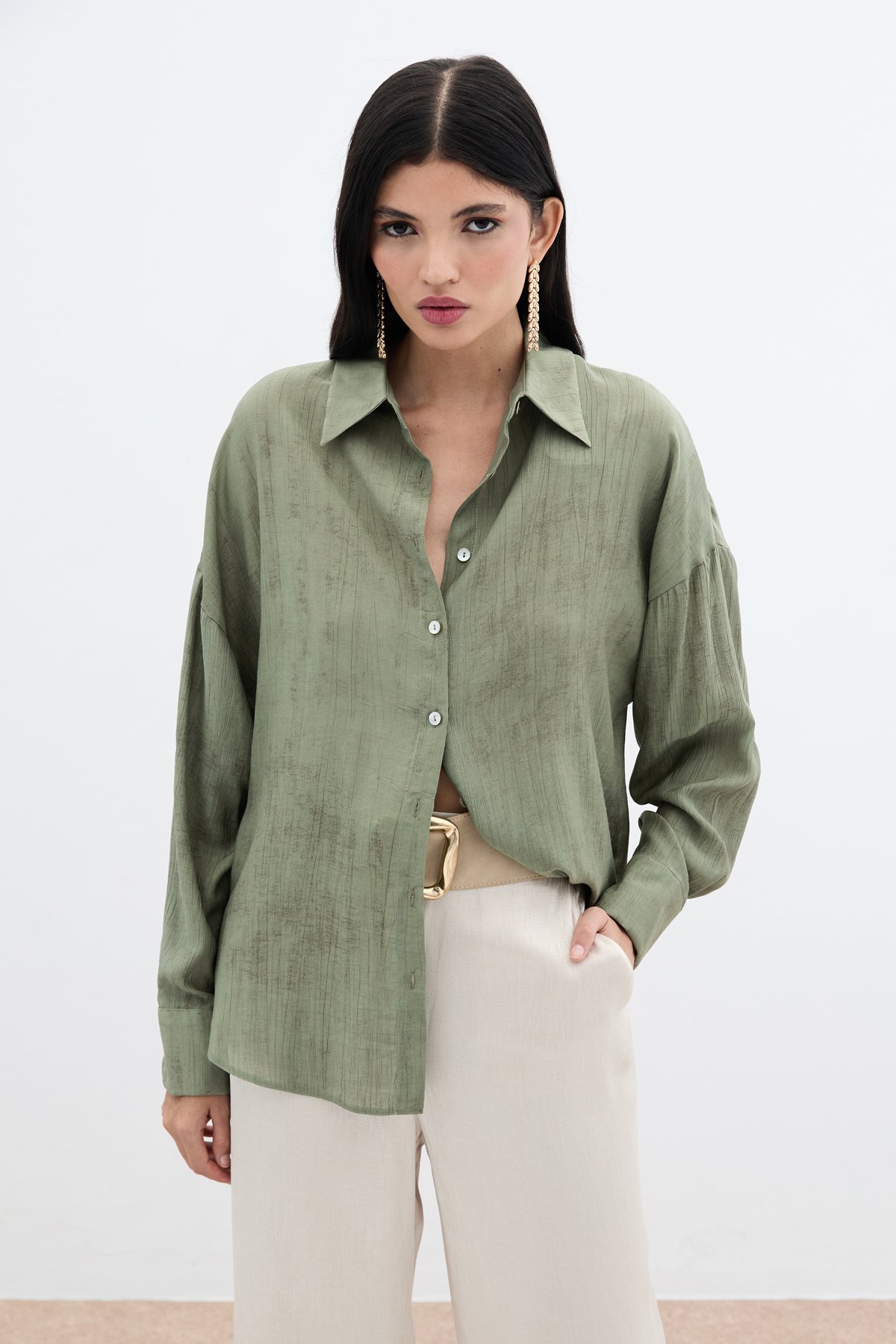 Desenli İnce Salaş Gömlek - Haki