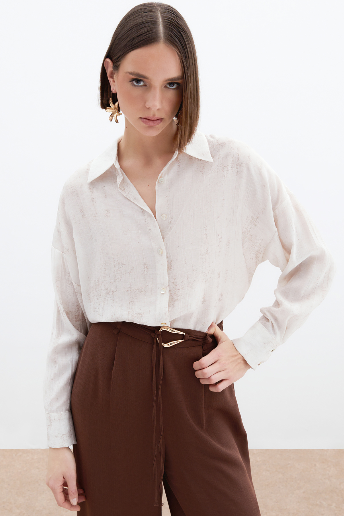 Desenli İnce Salaş Gömlek - Taş