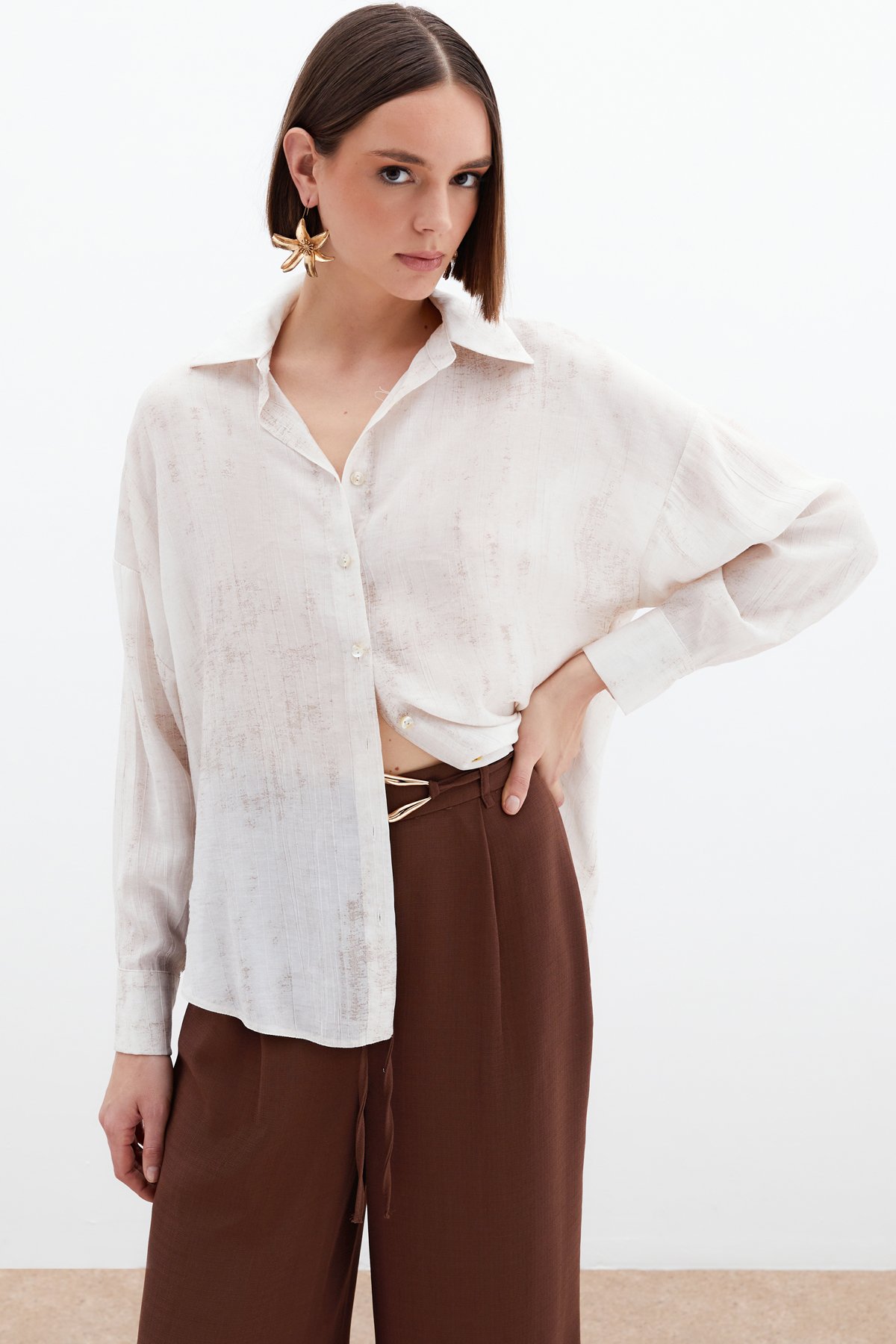 Desenli İnce Salaş Gömlek - Taş