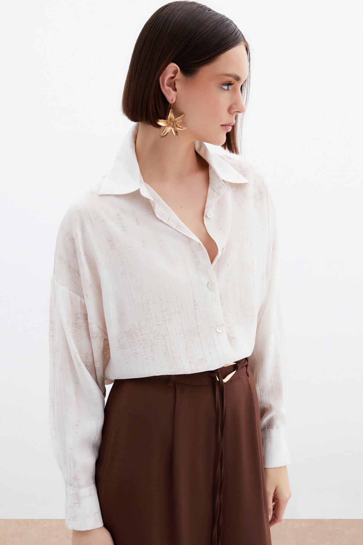 Desenli İnce Salaş Gömlek - Taş