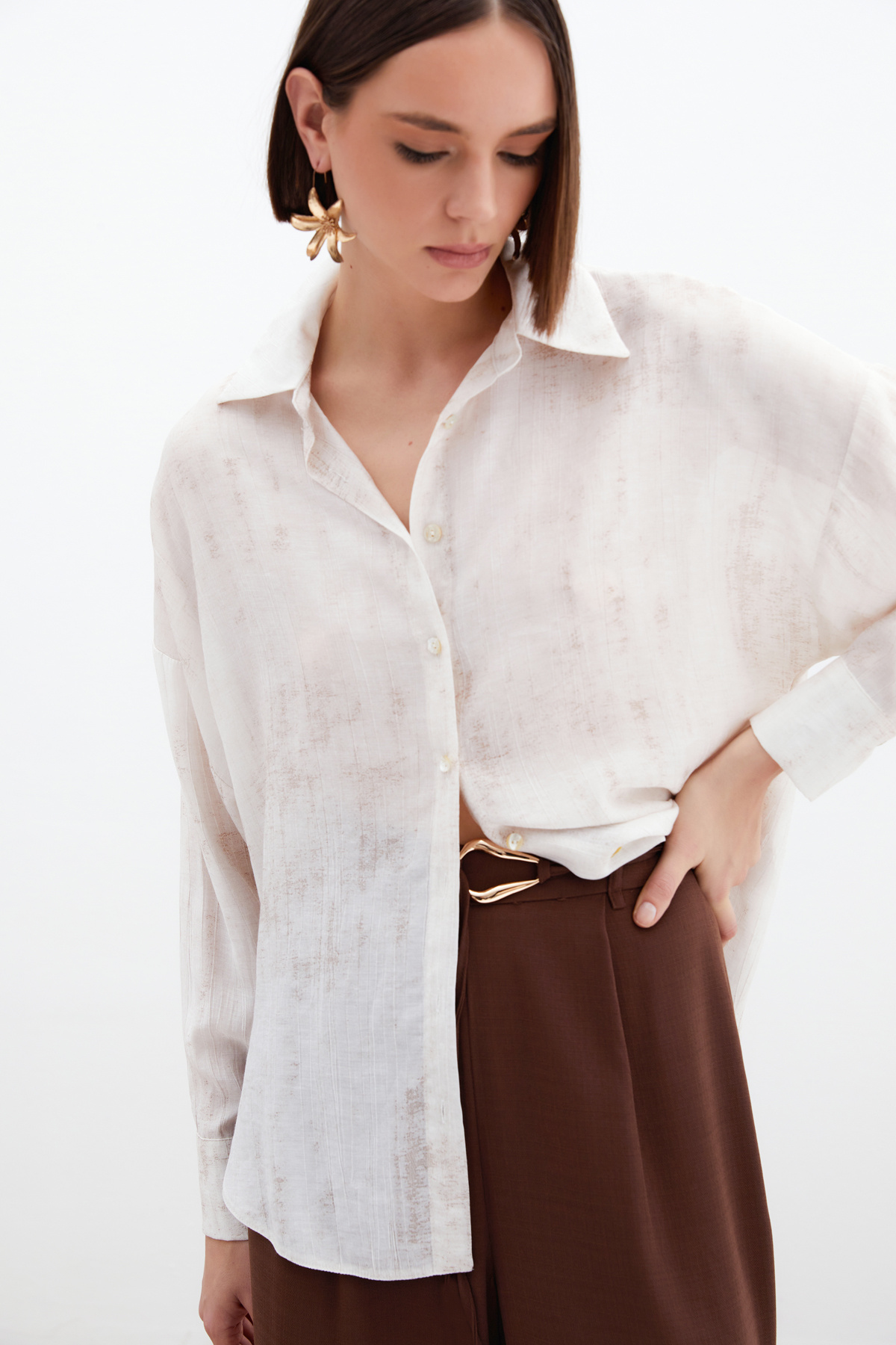 Desenli İnce Salaş Gömlek - Taş