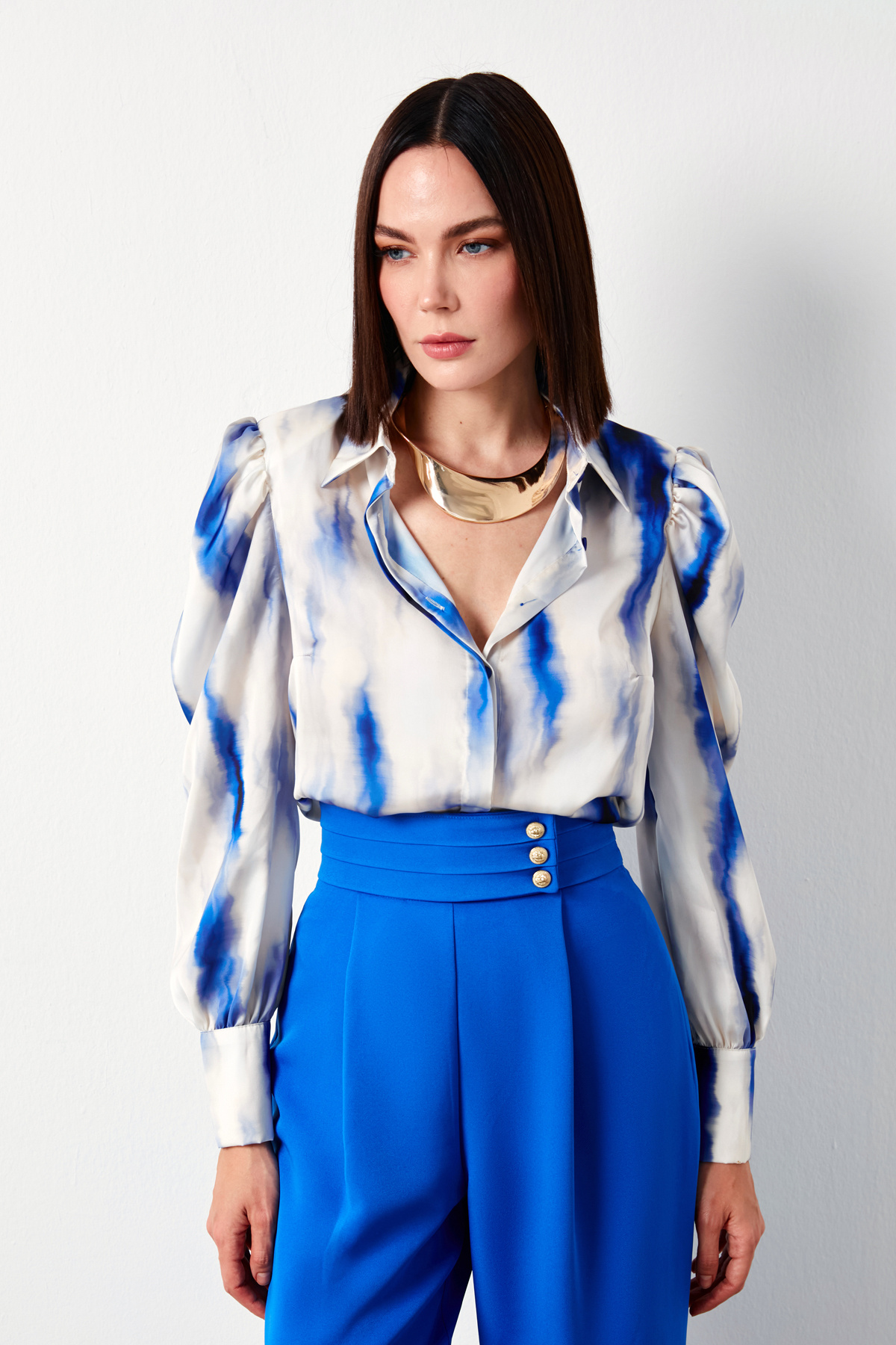 Desenli Kabarık Kol Gömlek - MAVİ