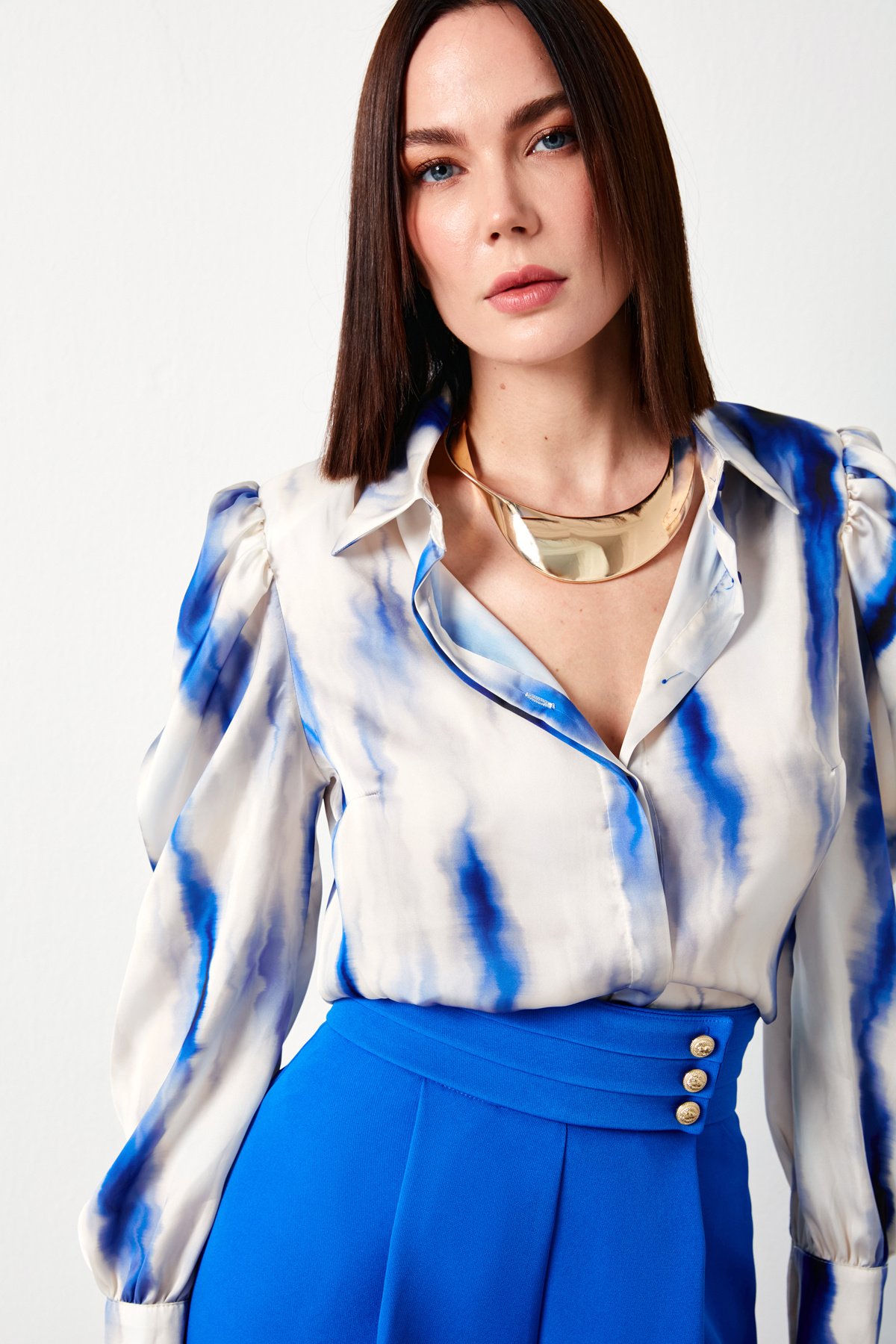 Desenli Kabarık Kol Gömlek - MAVİ