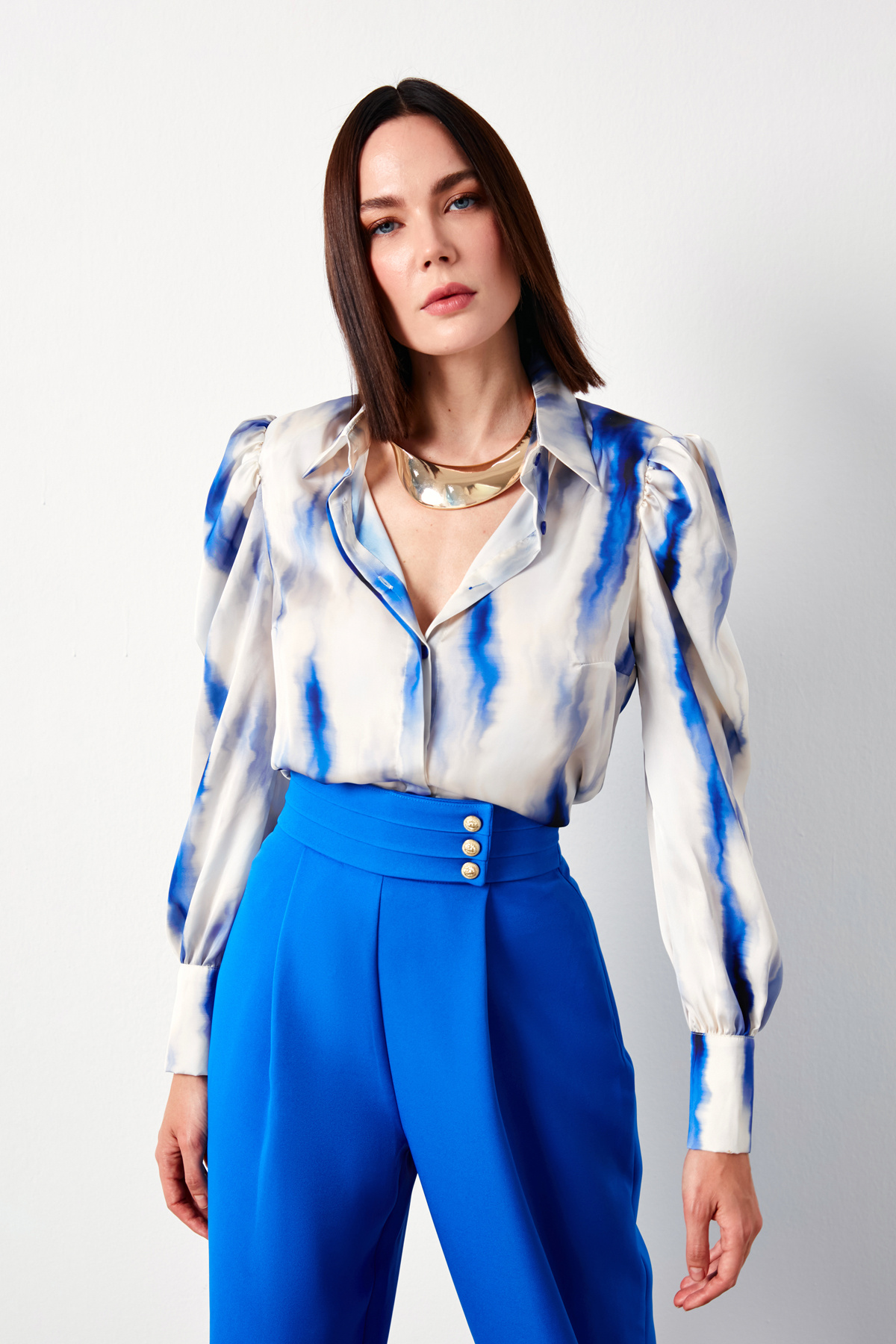 Desenli Kabarık Kol Gömlek - MAVİ