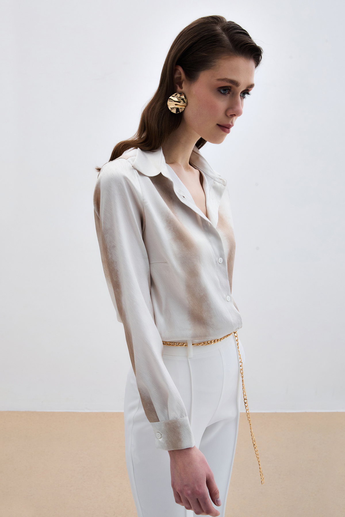 Desenli Klasik Gömlek - Bej