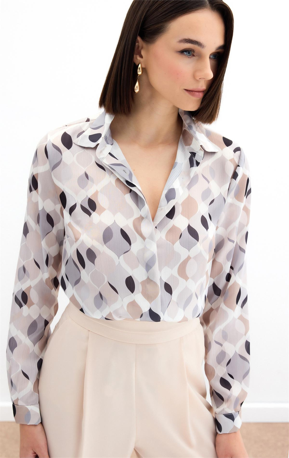 Desenli Klasik Gömlek - Bej