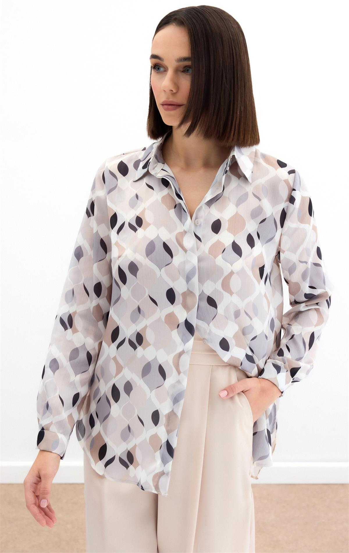 Desenli Klasik Gömlek - Bej