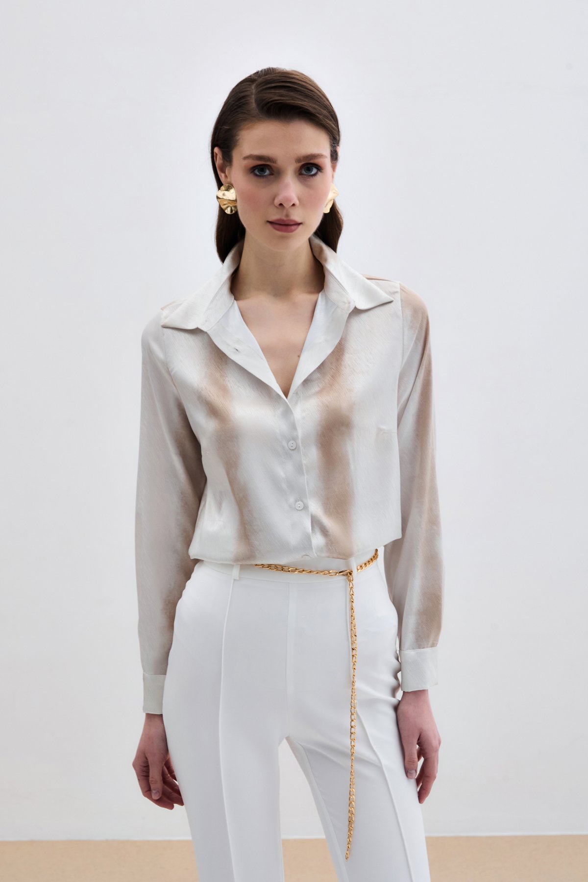 Desenli Klasik Gömlek - Bej