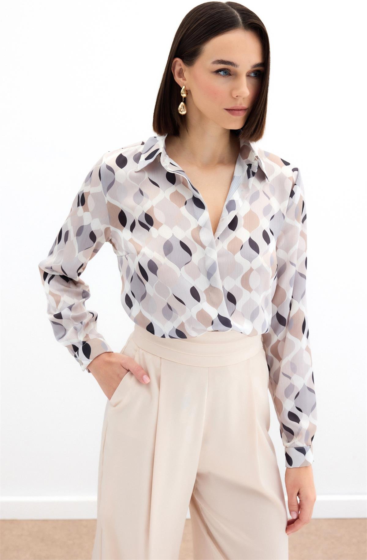 Desenli Klasik Gömlek - Bej