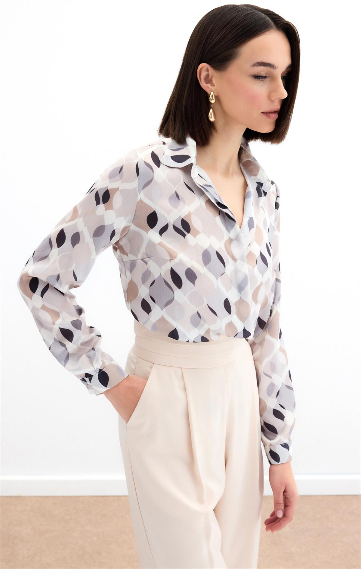 Desenli Klasik Gömlek - Bej