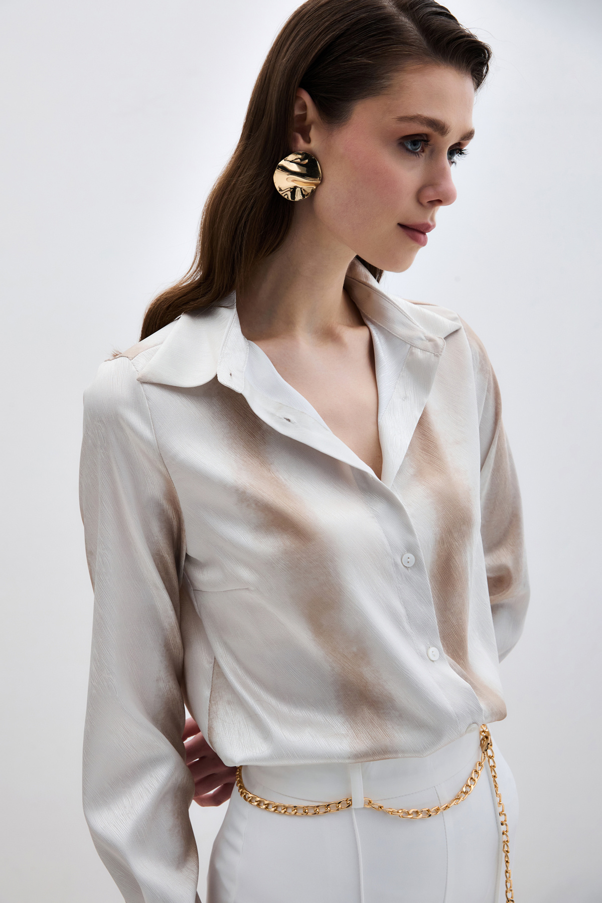 Desenli Klasik Gömlek - Bej