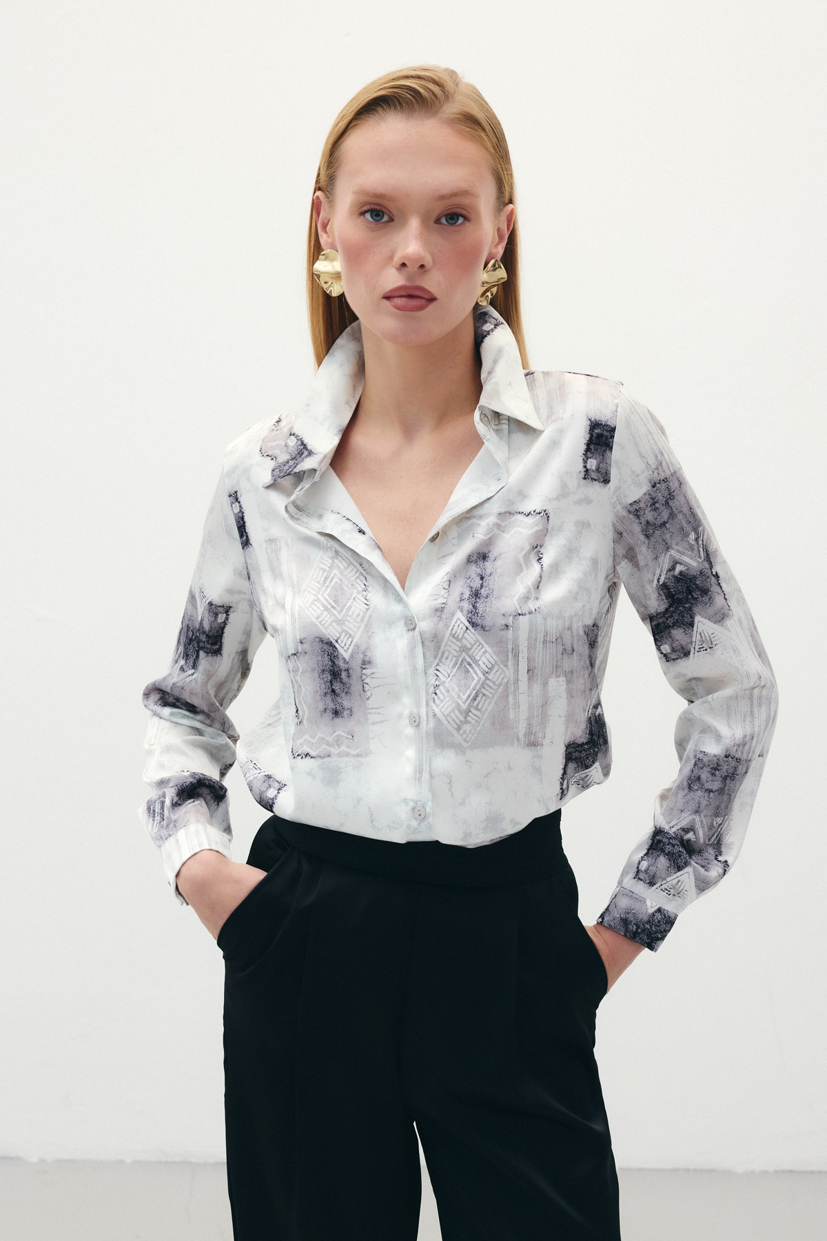 Desenli Klasik Gömlek - Bej