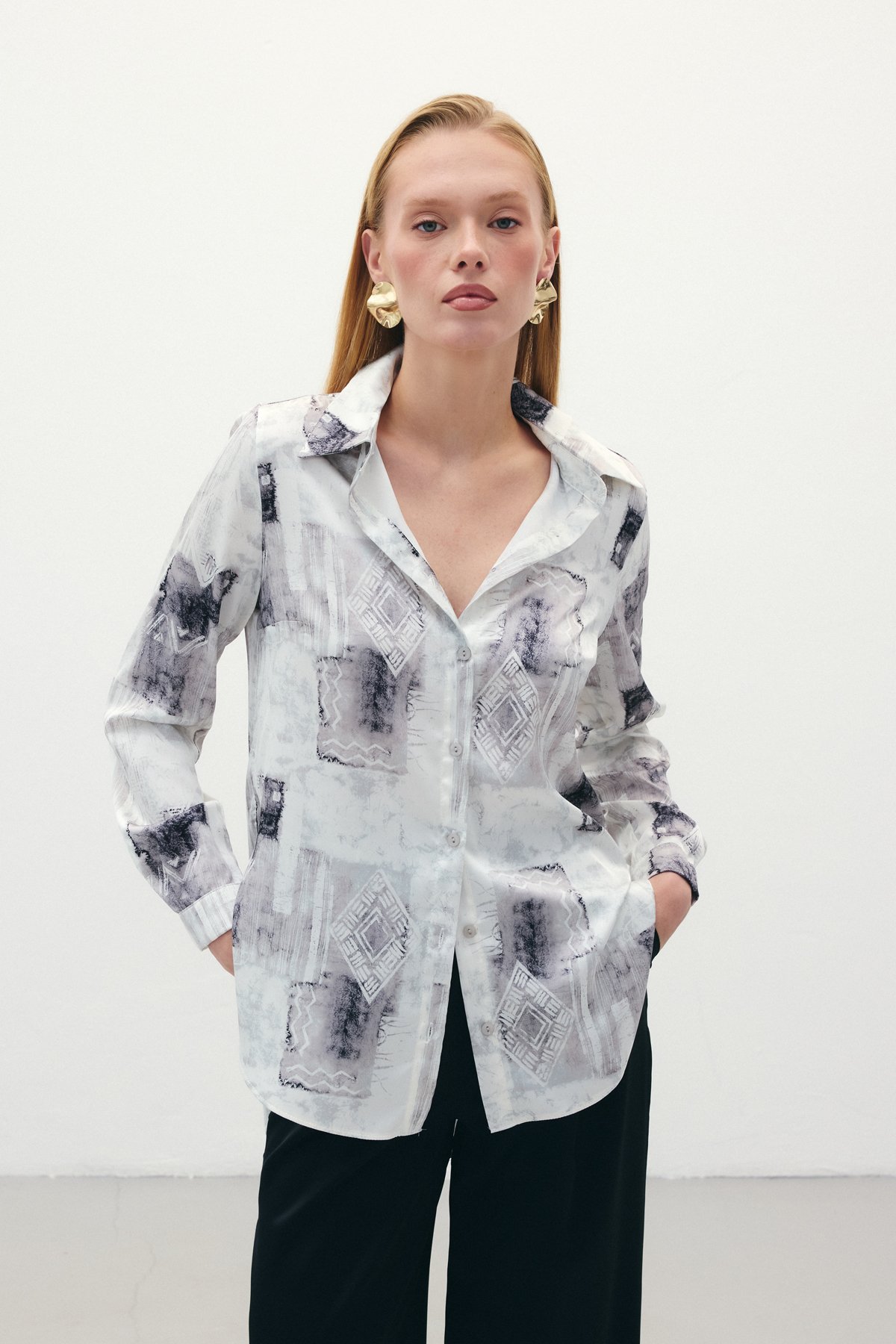 Desenli Klasik Gömlek - Bej