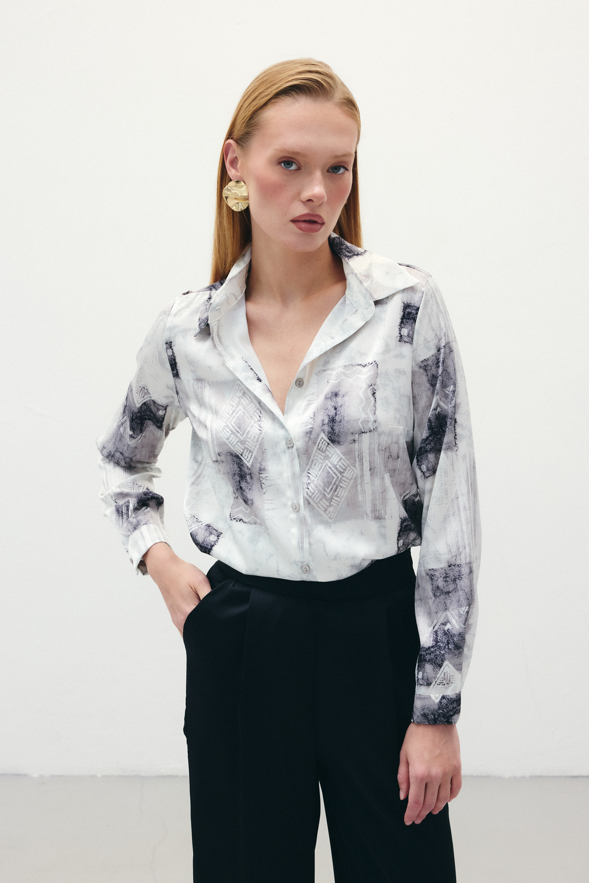 Desenli Klasik Gömlek - Bej