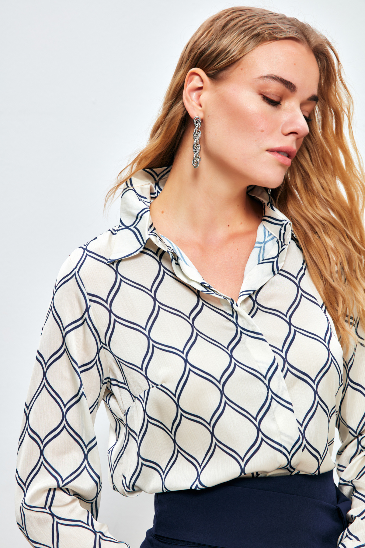 Desenli Klasik Gömlek - BEJ-LACİVERT