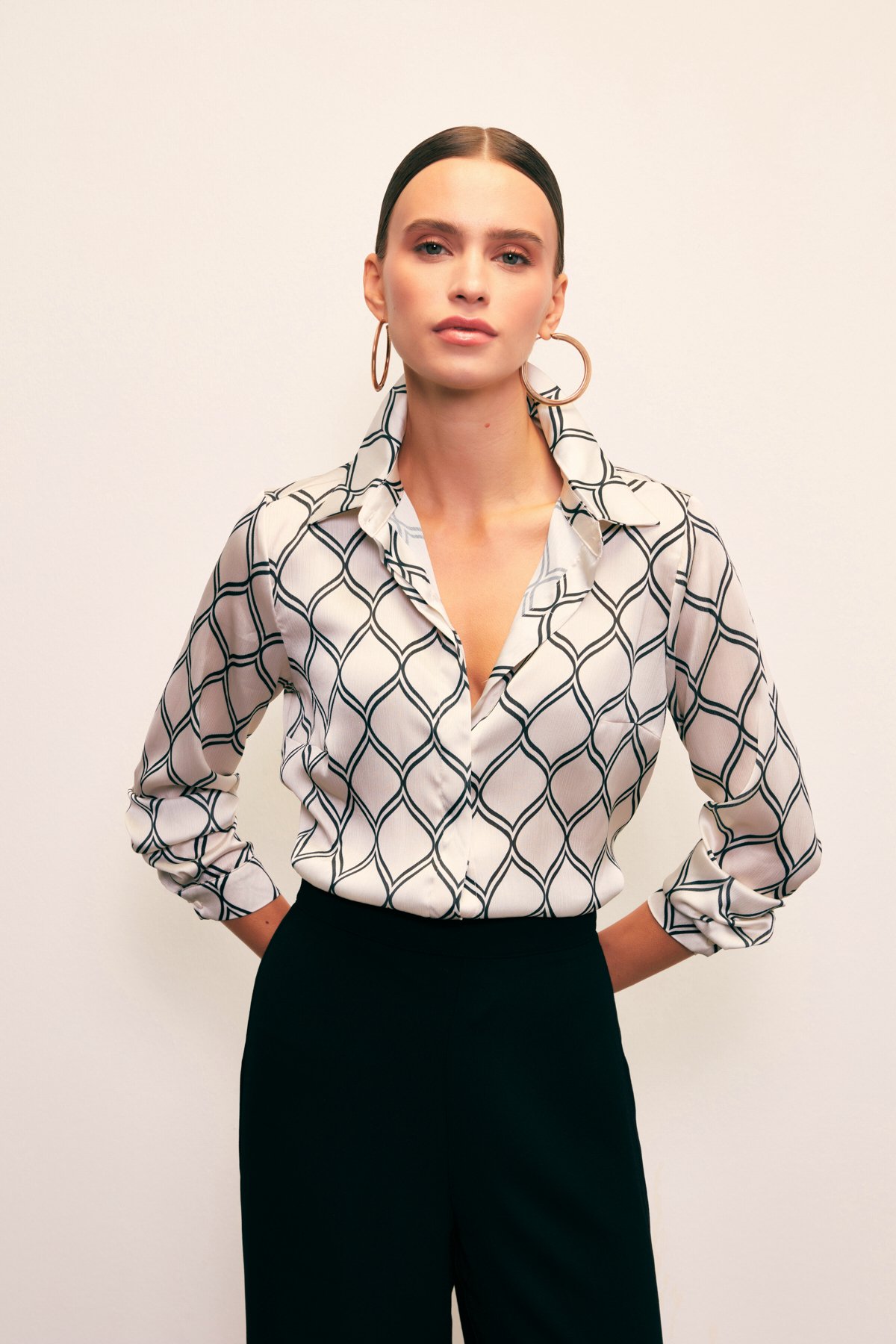 Desenli Klasik Gömlek - BEJ-SİYAH