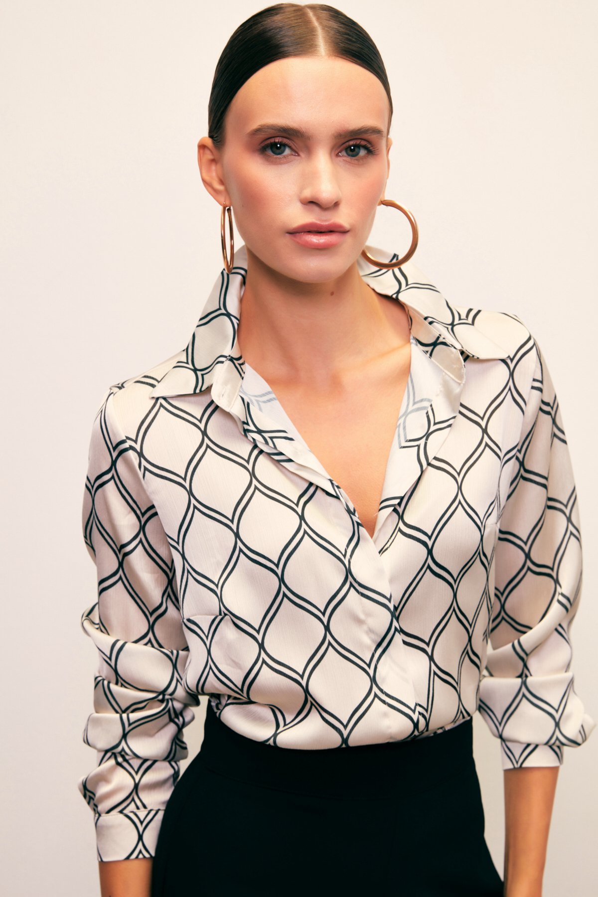 Desenli Klasik Gömlek - BEJ-SİYAH