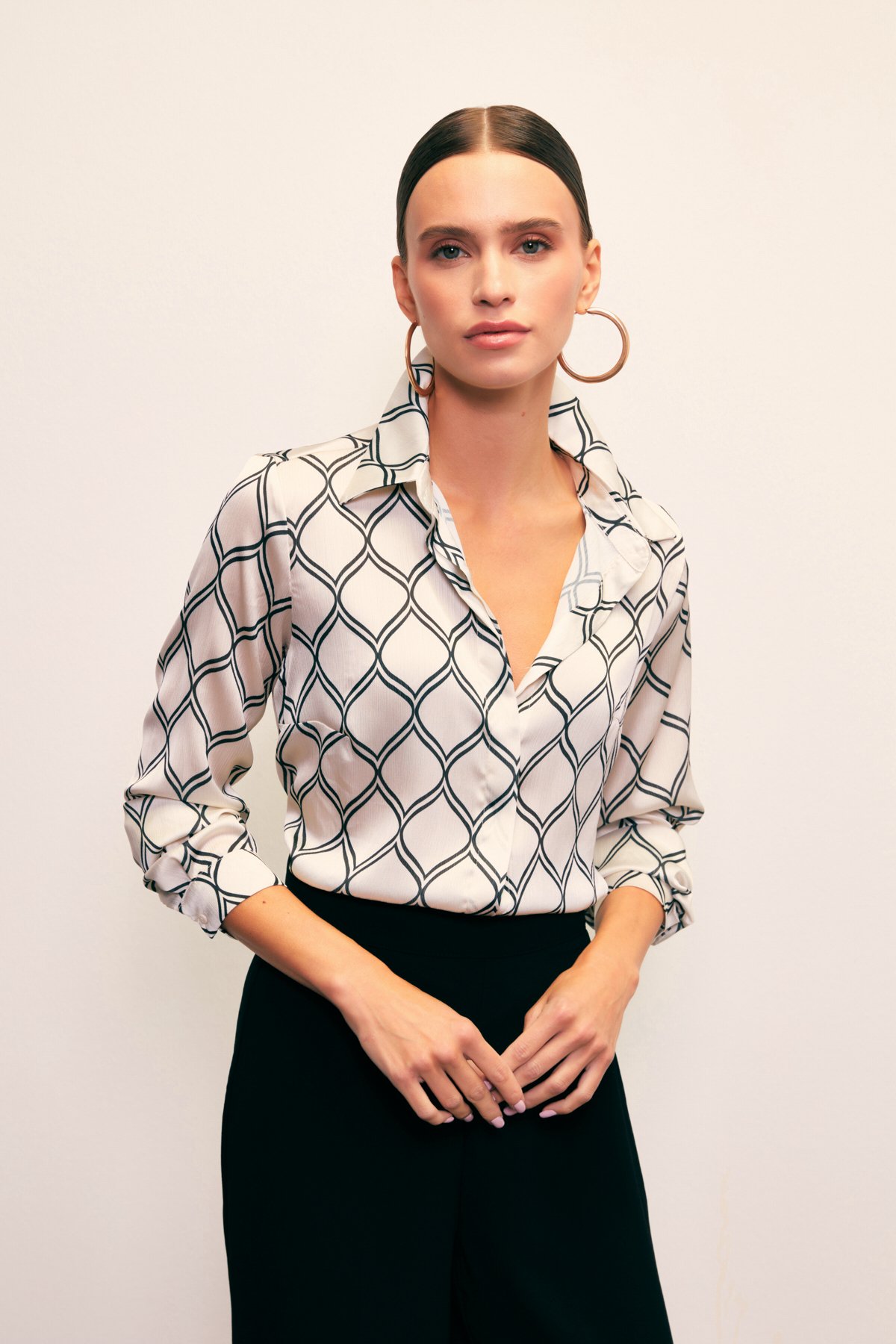 Desenli Klasik Gömlek - BEJ-SİYAH