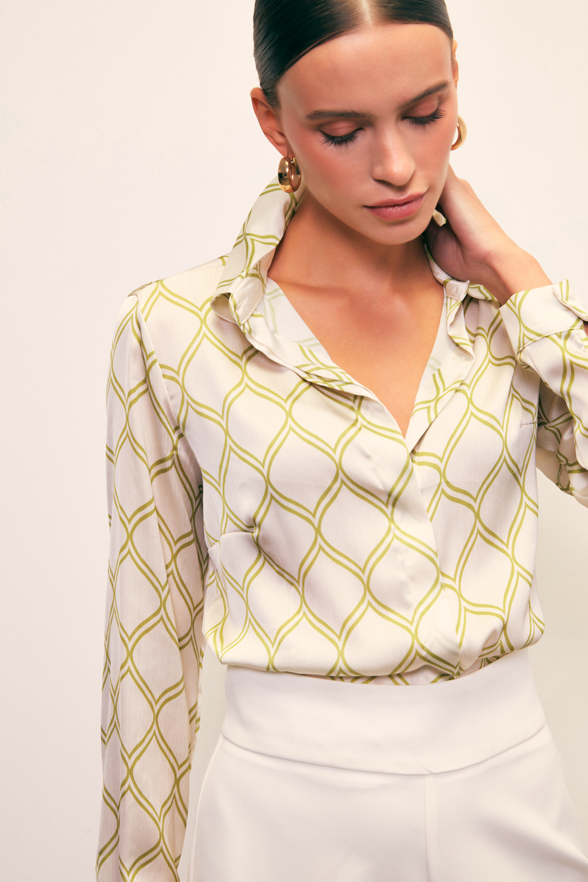 Desenli Klasik Gömlek - BEJ-YAĞ YEŞİLİ