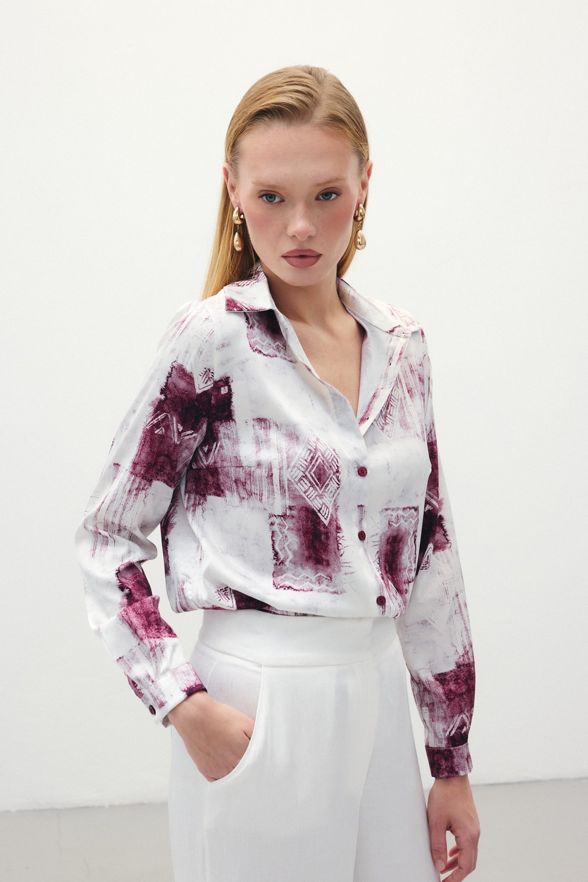 Desenli Klasik Gömlek - Bordo