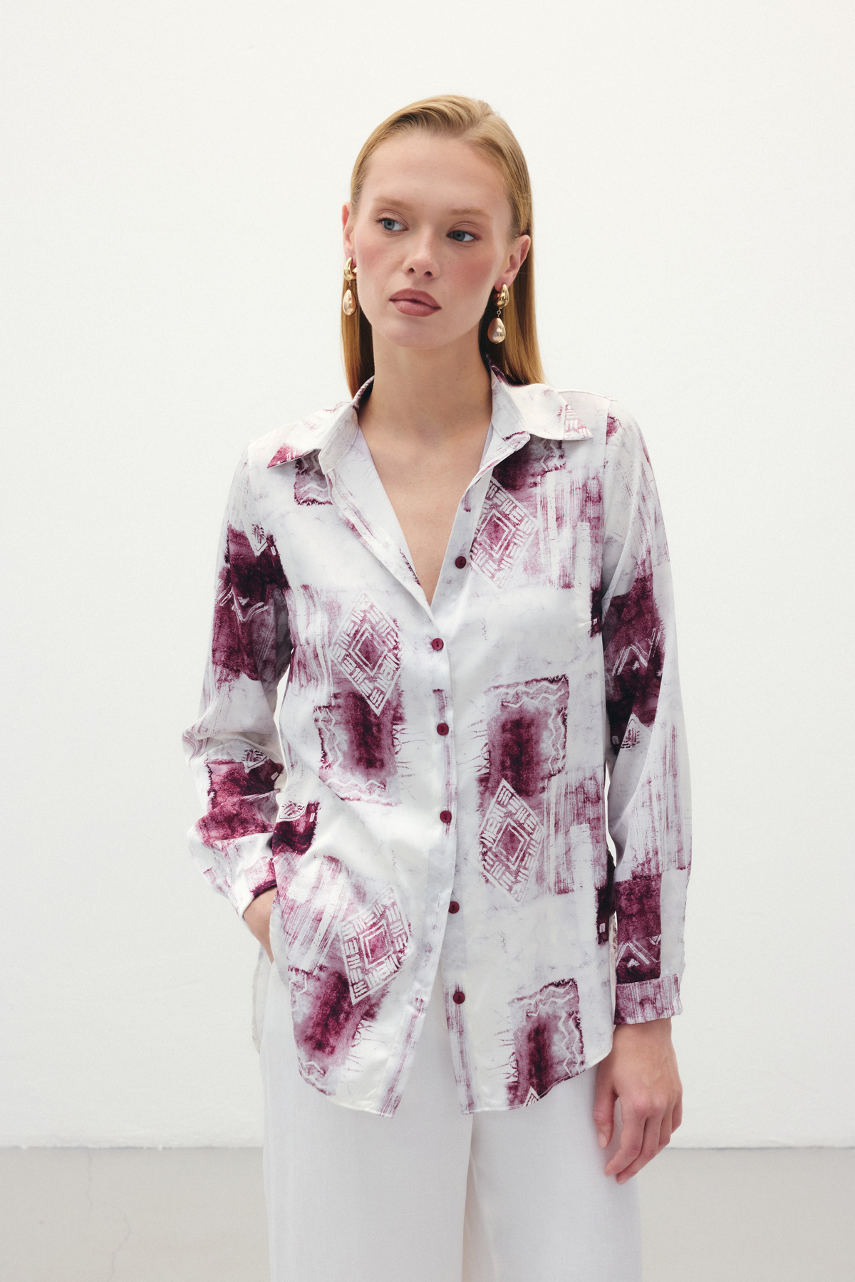 Desenli Klasik Gömlek - Bordo