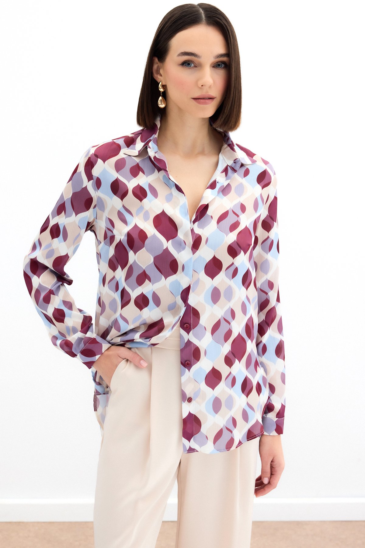 Desenli Klasik Gömlek - Bordo