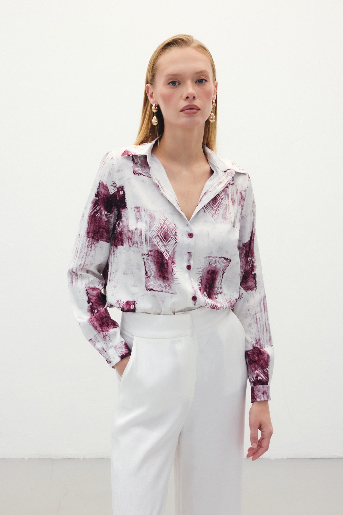 Desenli Klasik Gömlek - Bordo