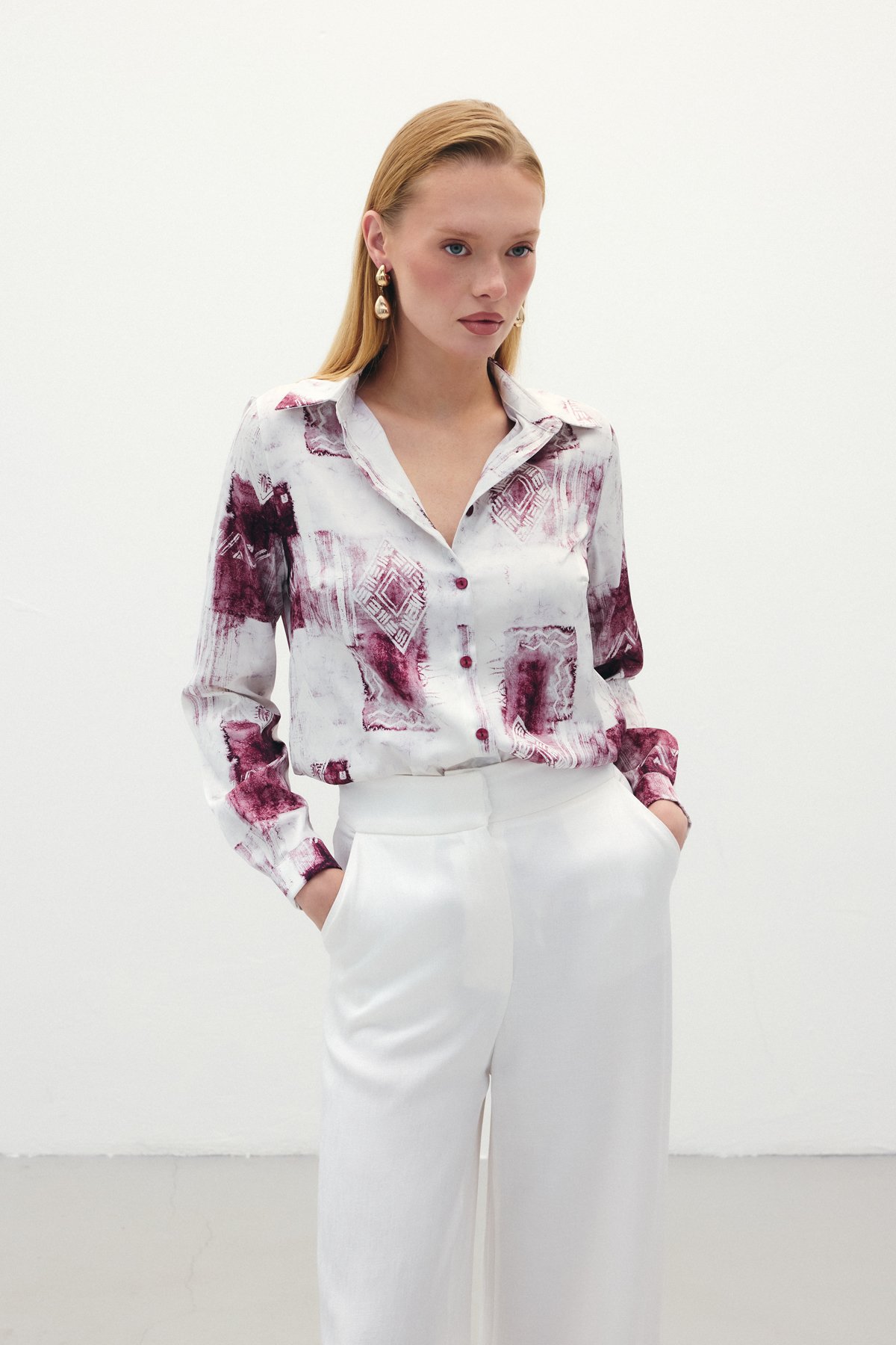 Desenli Klasik Gömlek - Bordo