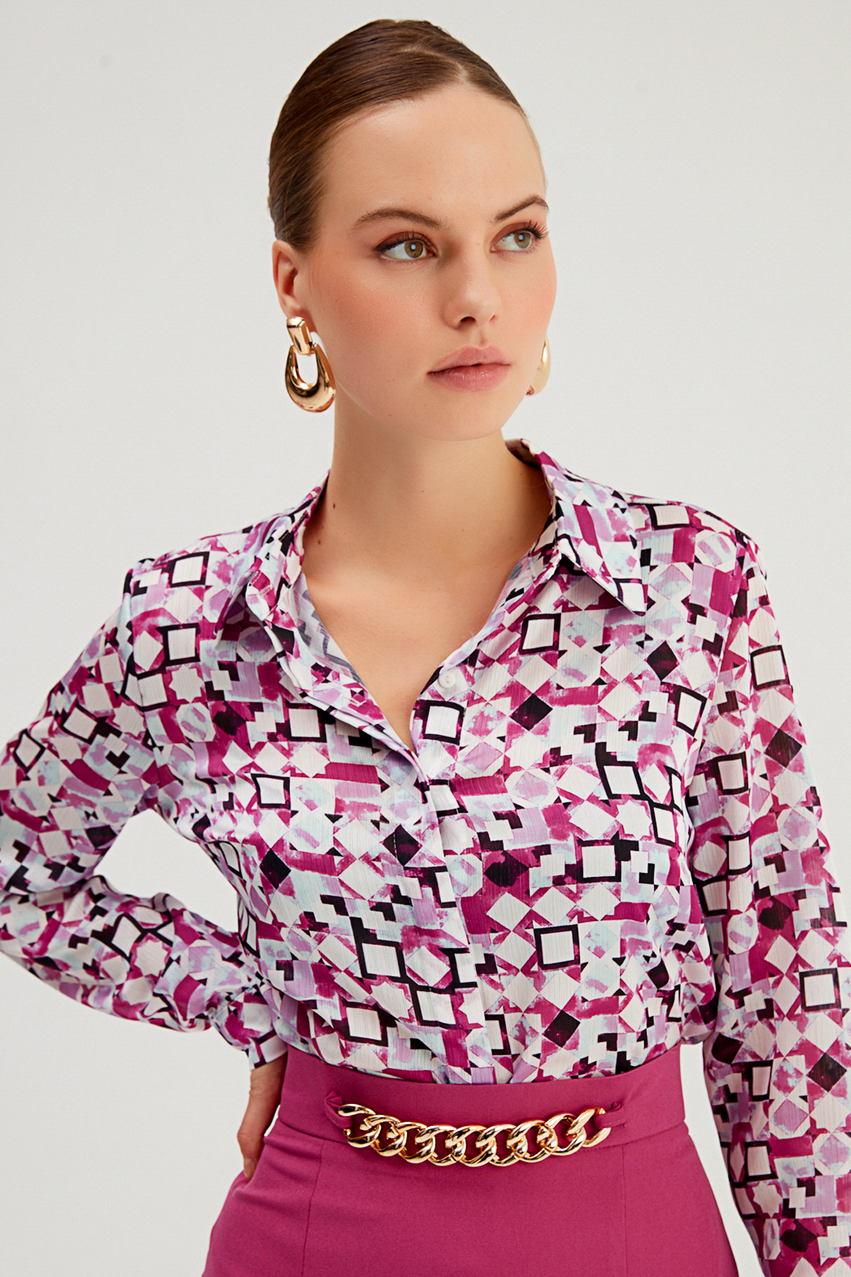 Desenli Klasik Gömlek - FUŞYA