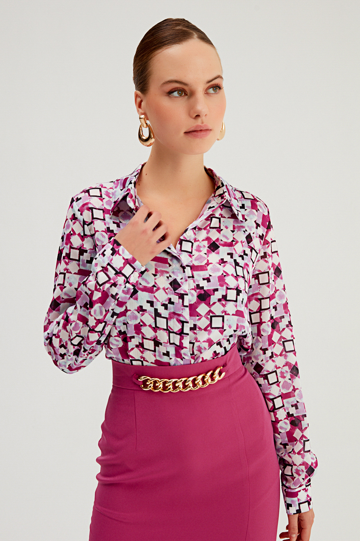Desenli Klasik Gömlek - FUŞYA