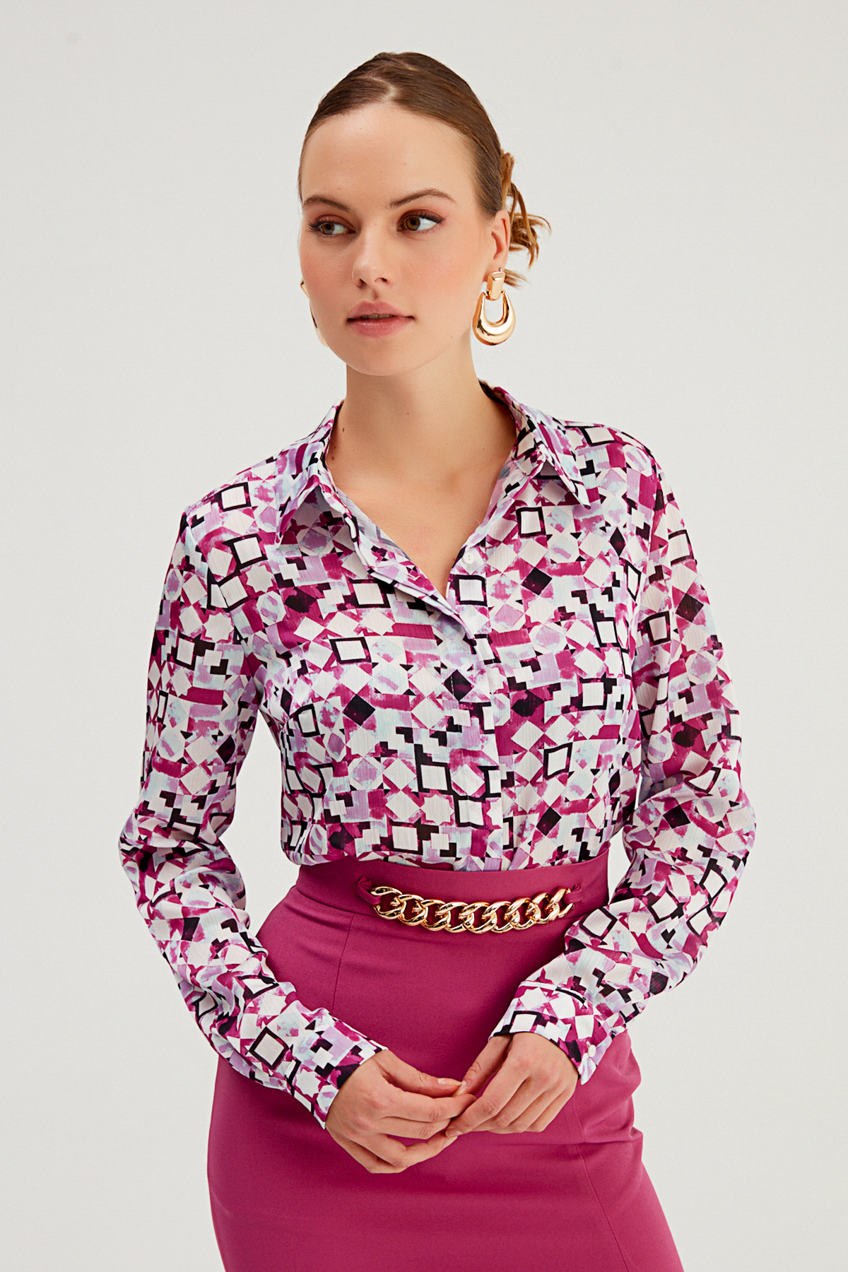 Desenli Klasik Gömlek - FUŞYA