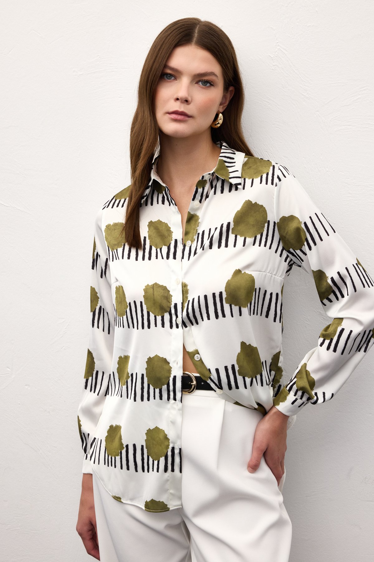 Desenli Klasik Gömlek - Haki