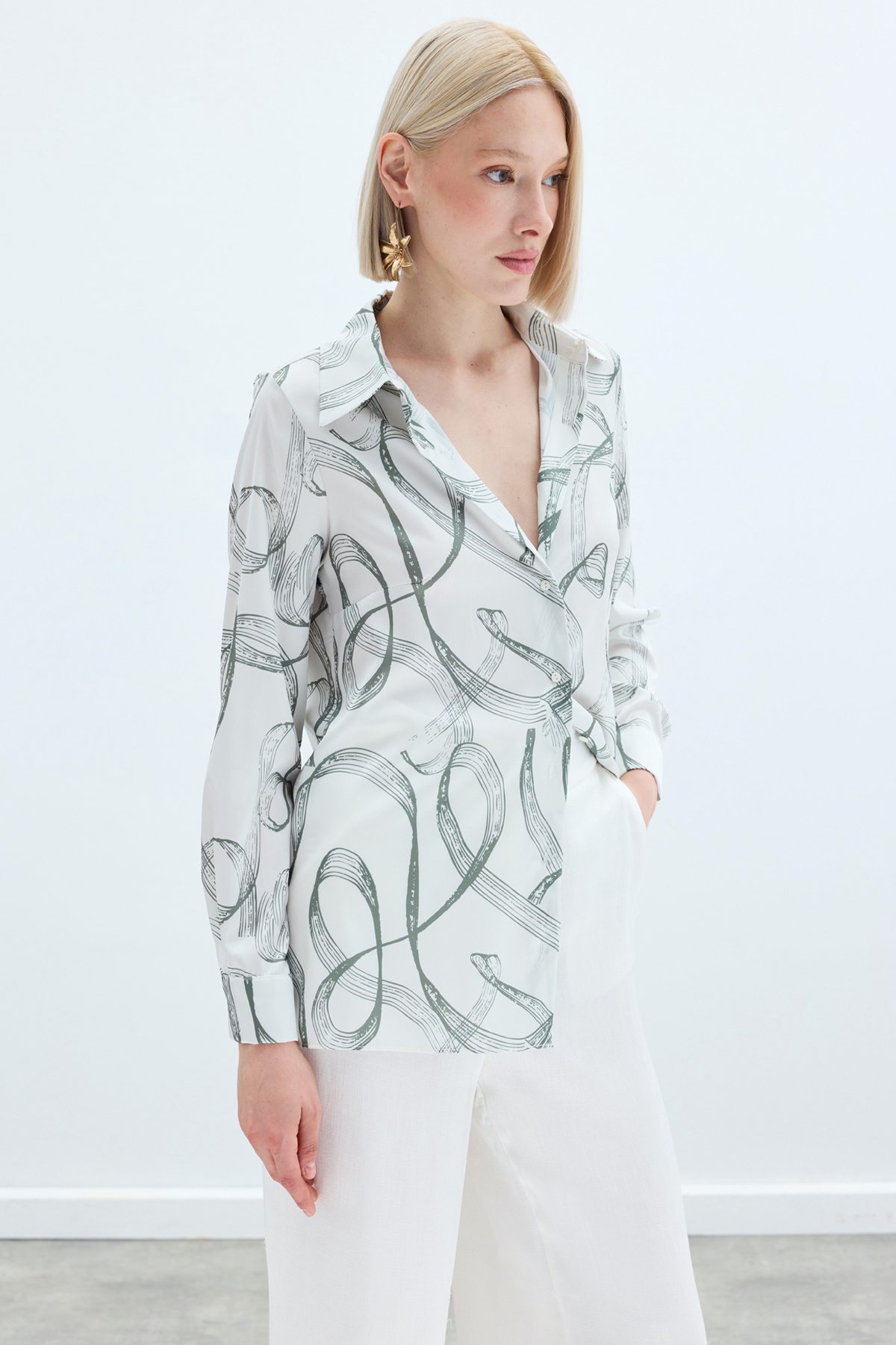 Desenli Klasik Gömlek - Haki