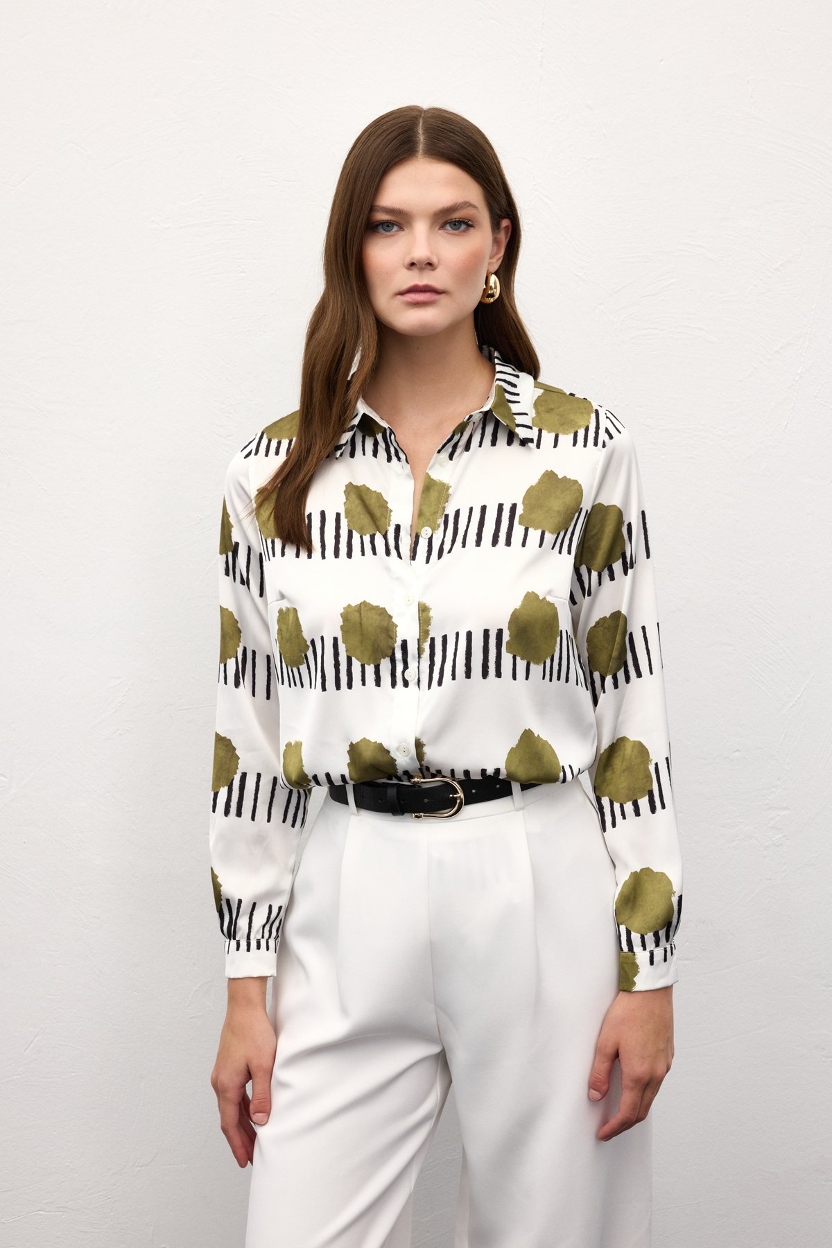 Desenli Klasik Gömlek - Haki