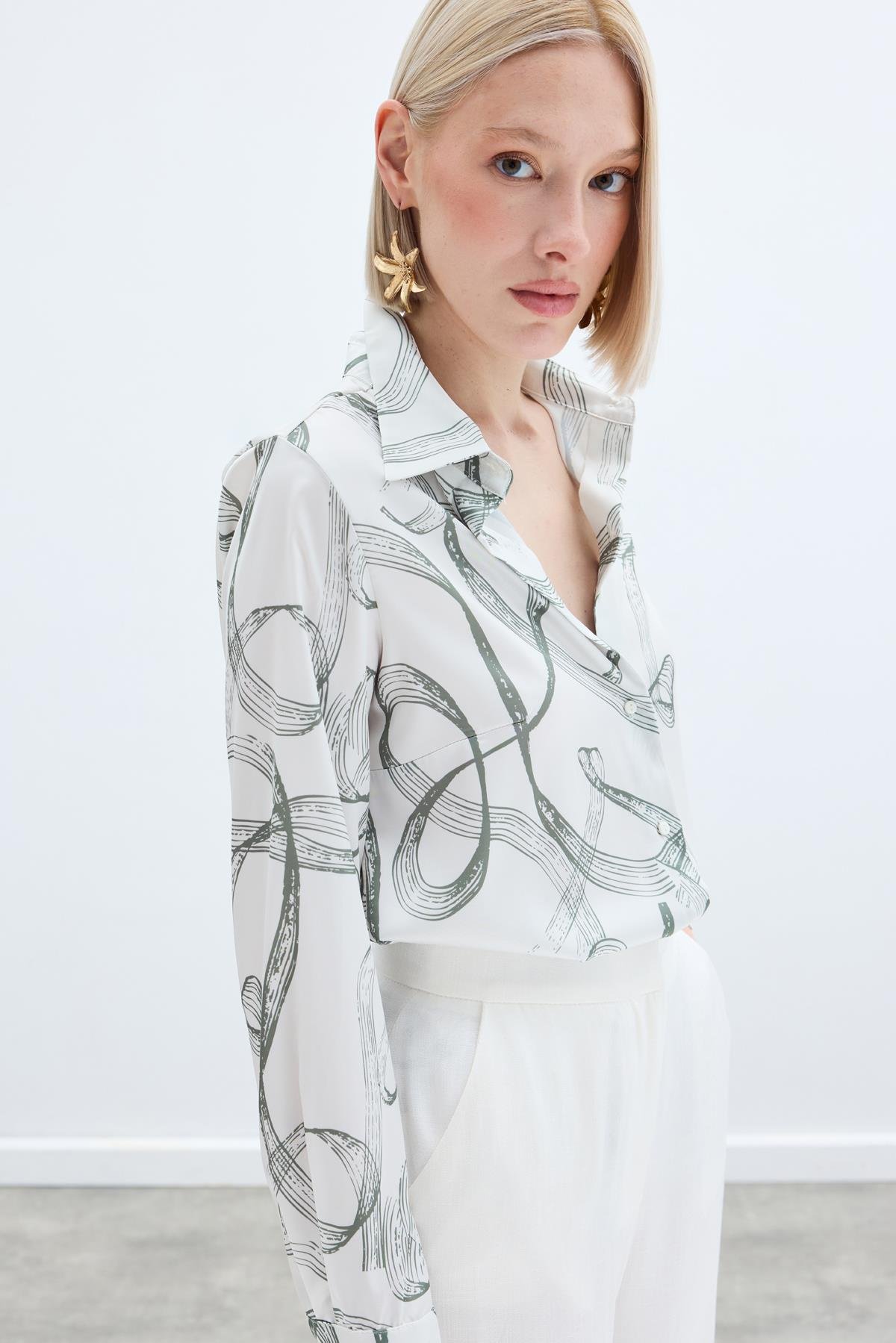 Desenli Klasik Gömlek - Haki