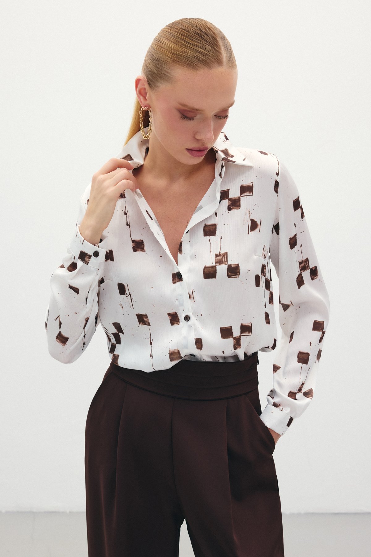 Desenli Klasik Gömlek - Kahve