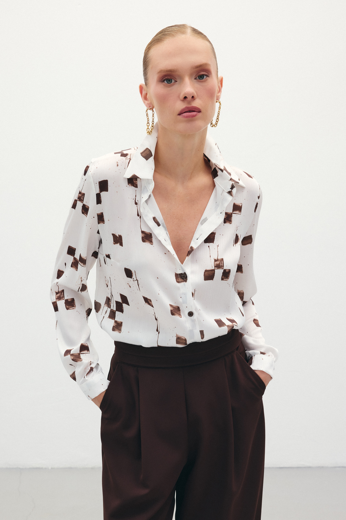 Desenli Klasik Gömlek - Kahve