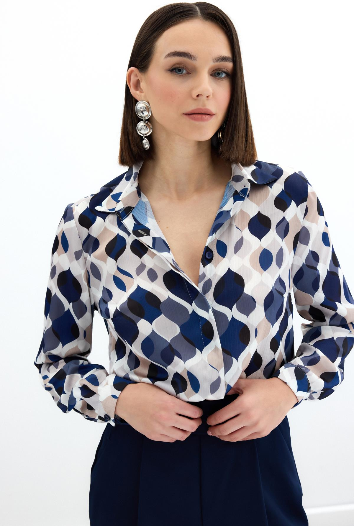 Desenli Klasik Gömlek - Lacivert