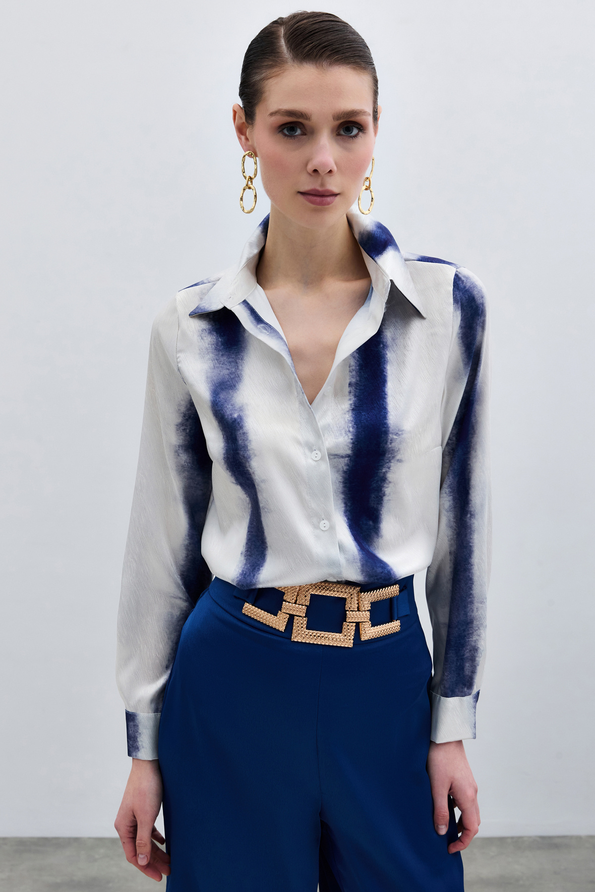 Desenli Klasik Gömlek - Sax Mavi