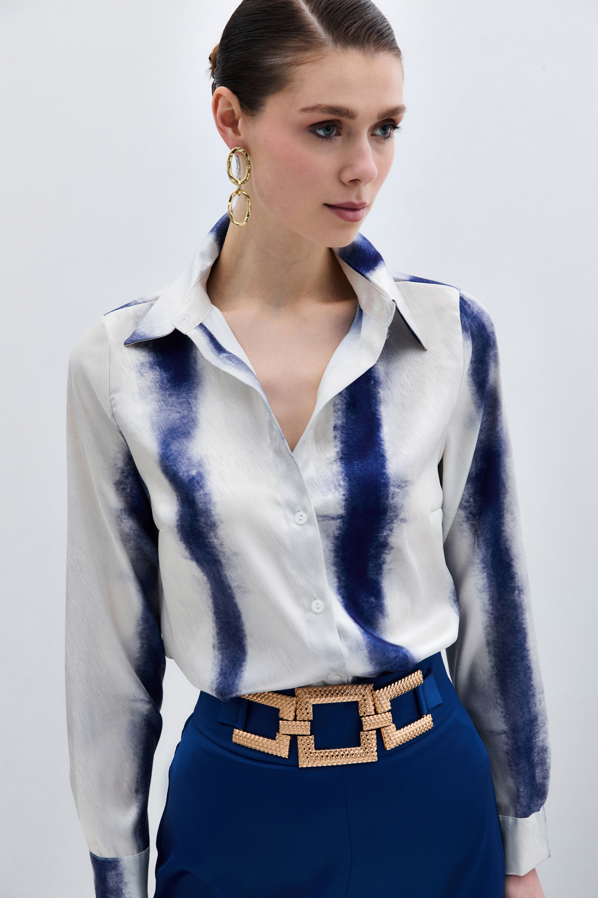 Desenli Klasik Gömlek - Sax Mavi