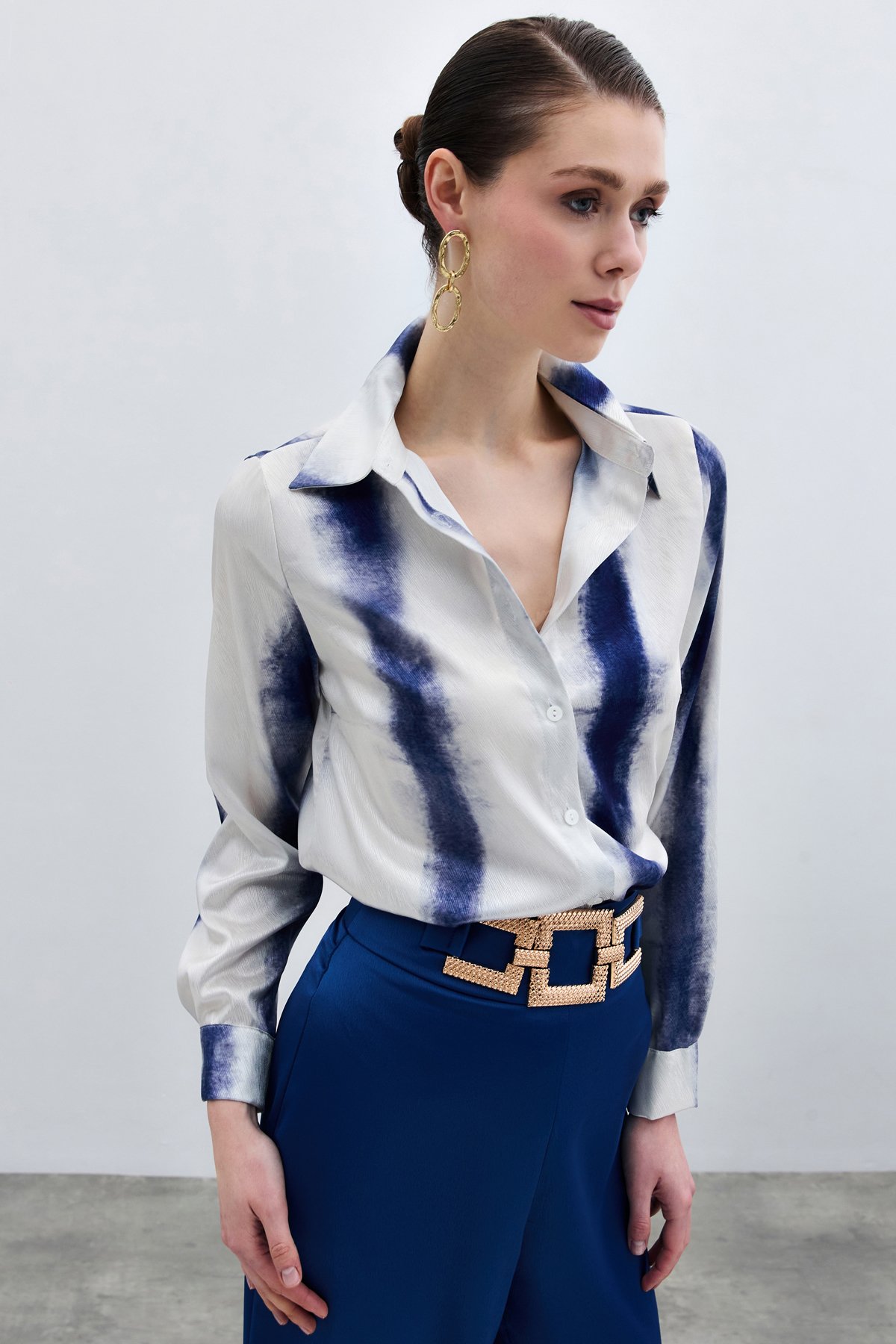 Desenli Klasik Gömlek - Sax Mavi