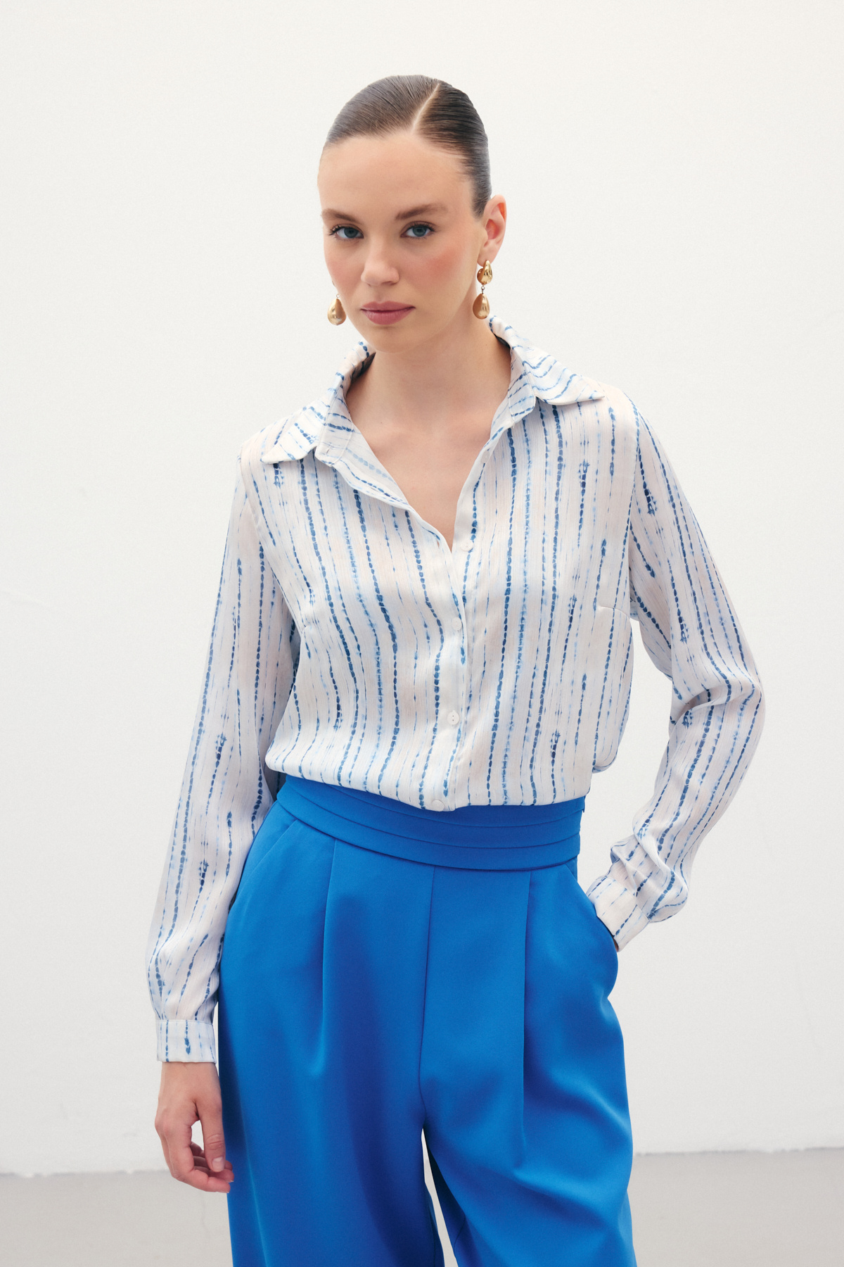 Desenli Klasik Gömlek - Sax Mavi