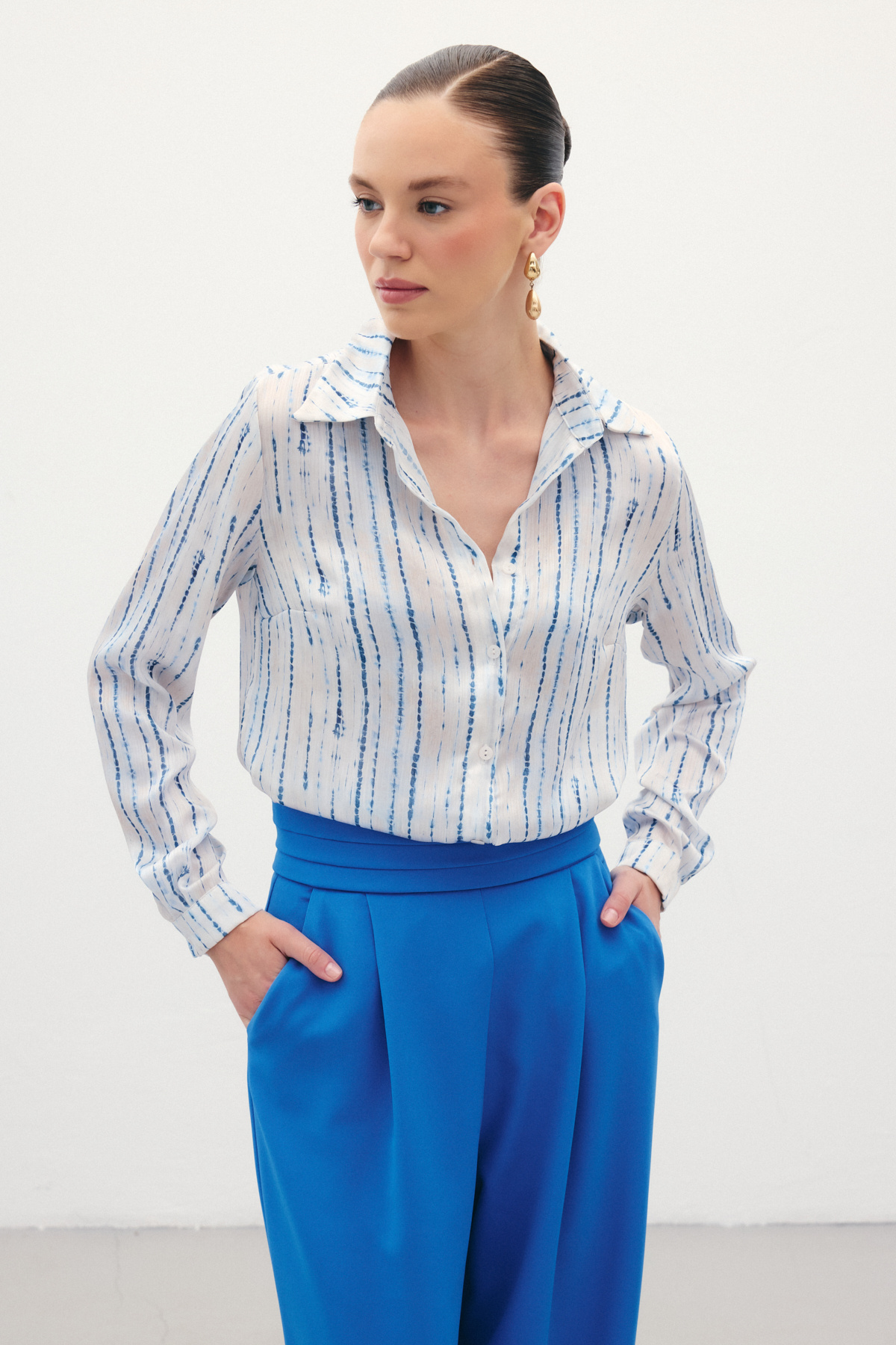 Desenli Klasik Gömlek - Sax Mavi