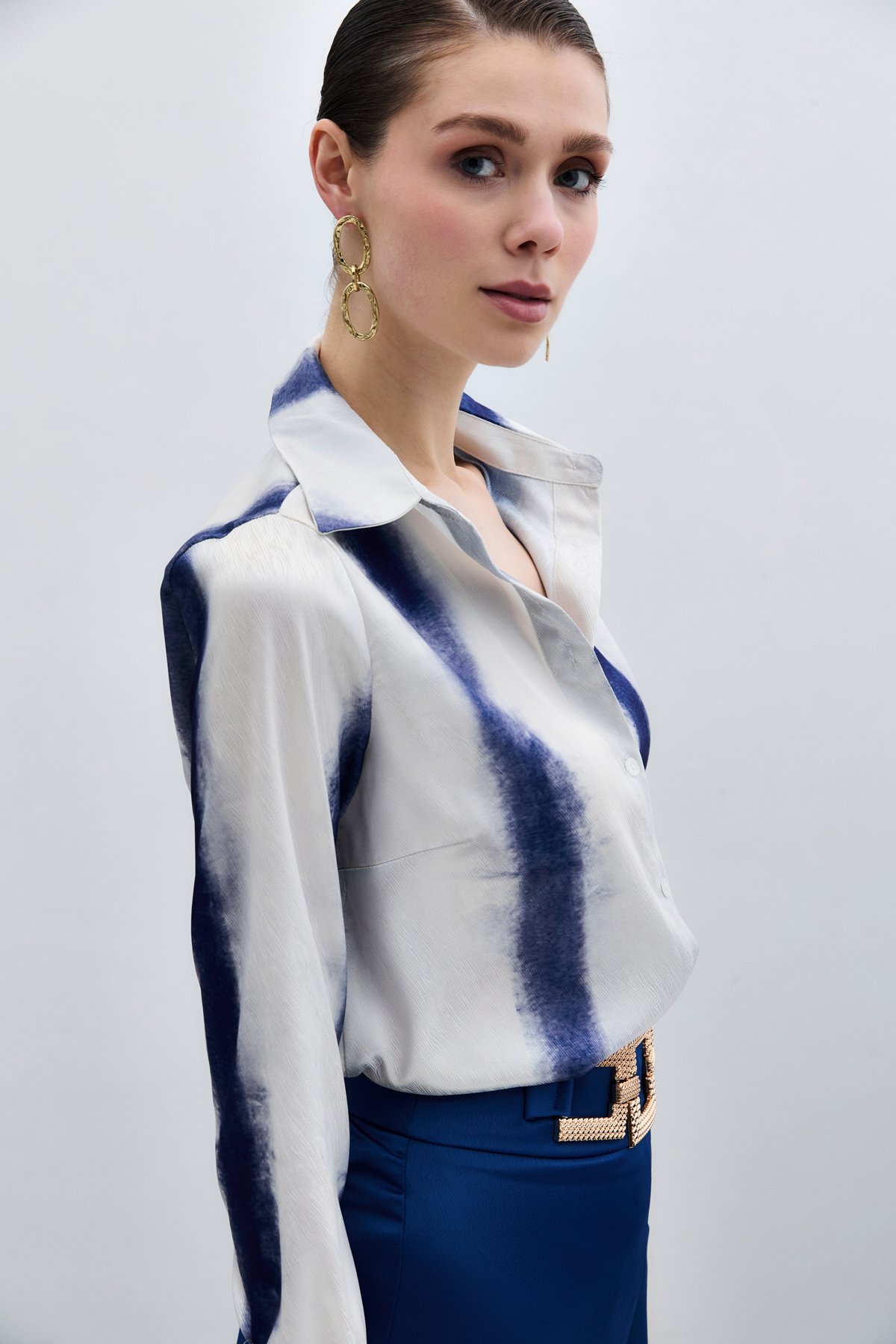 Desenli Klasik Gömlek - Sax Mavi