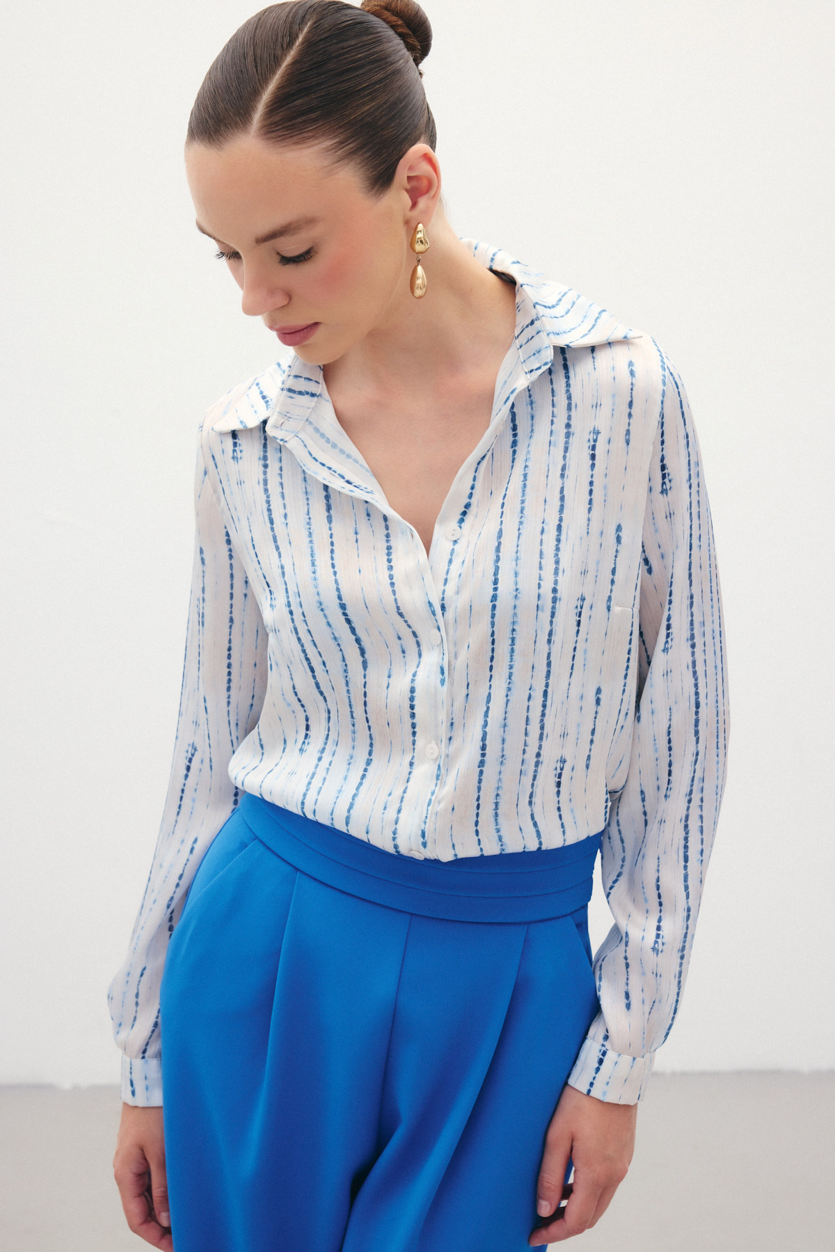 Desenli Klasik Gömlek - Sax Mavi