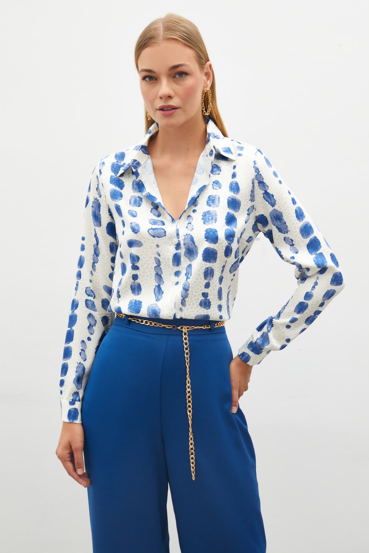 Desenli Klasik Gömlek - SAX MAVİ