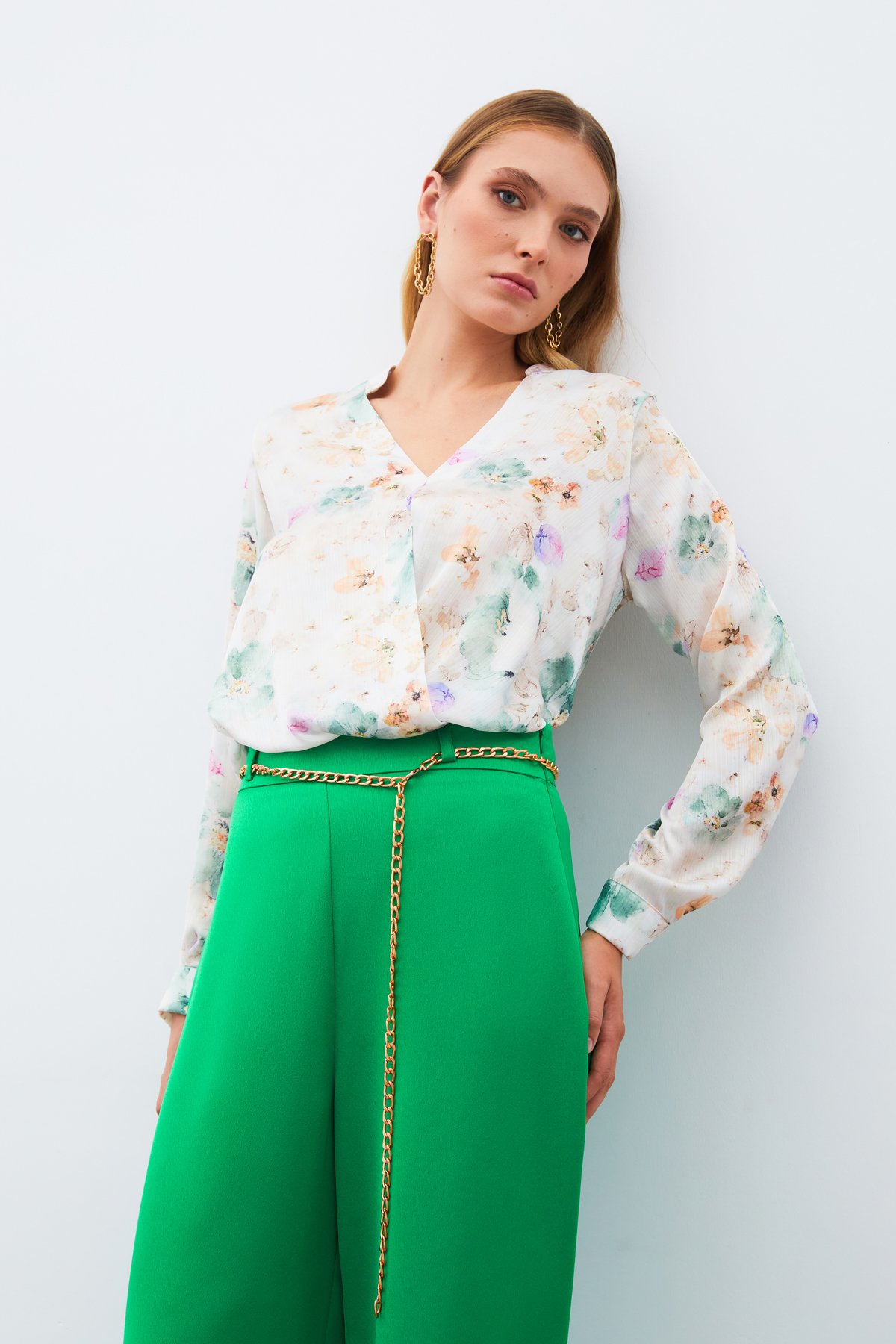 Desenli Kruvaze Bluz - ÇAĞLA YEŞİLİ