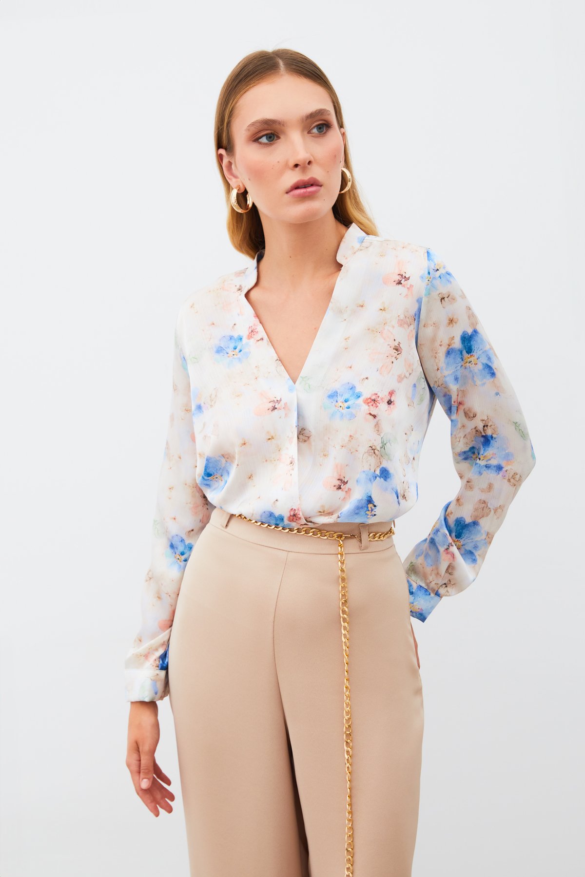 Desenli Kruvaze Bluz - MAVİ